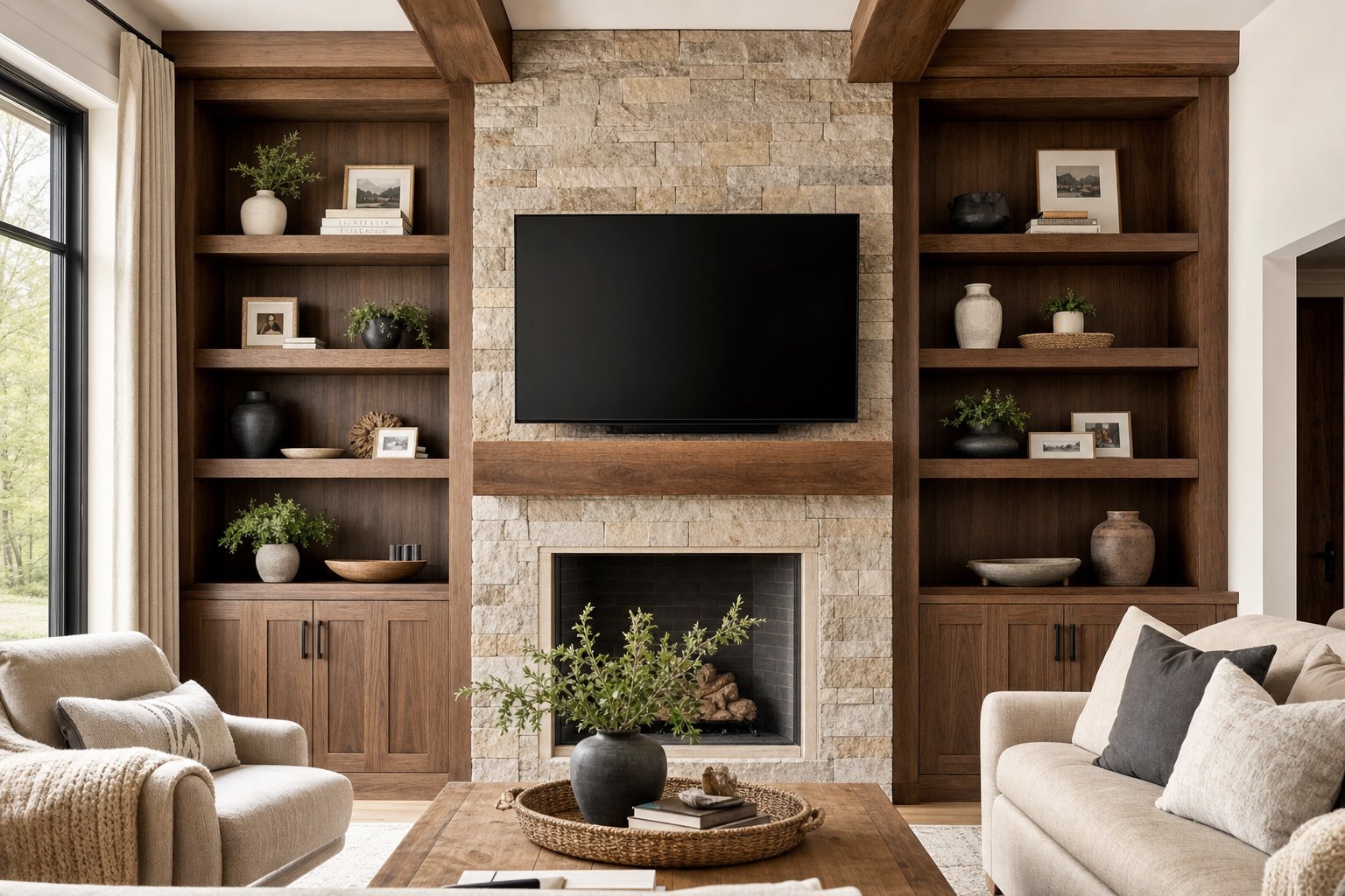 Custom walnut built-in entertainment center flanking a stone fireplace