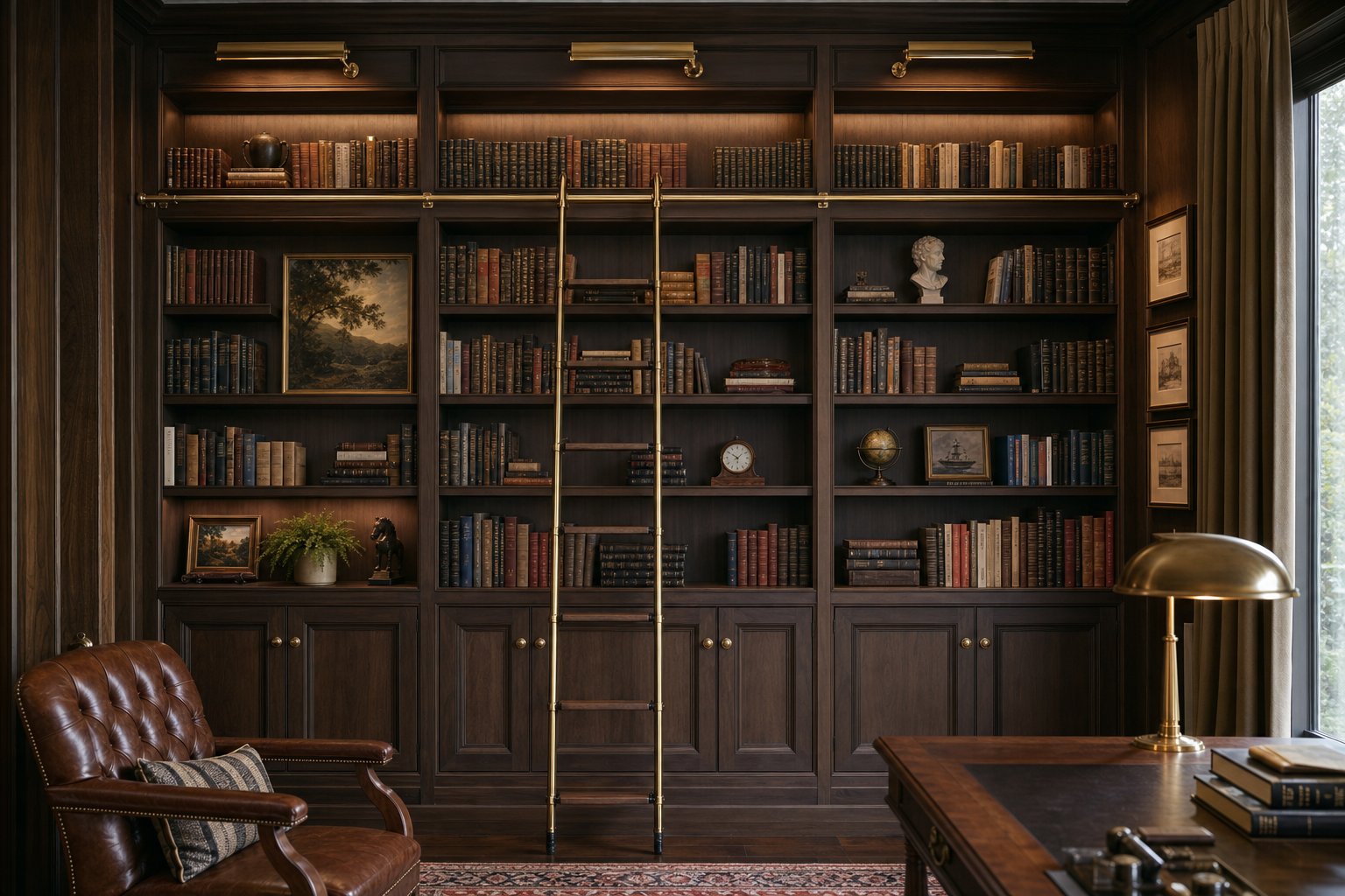 Custom library built-in bookcase with rolling ladder