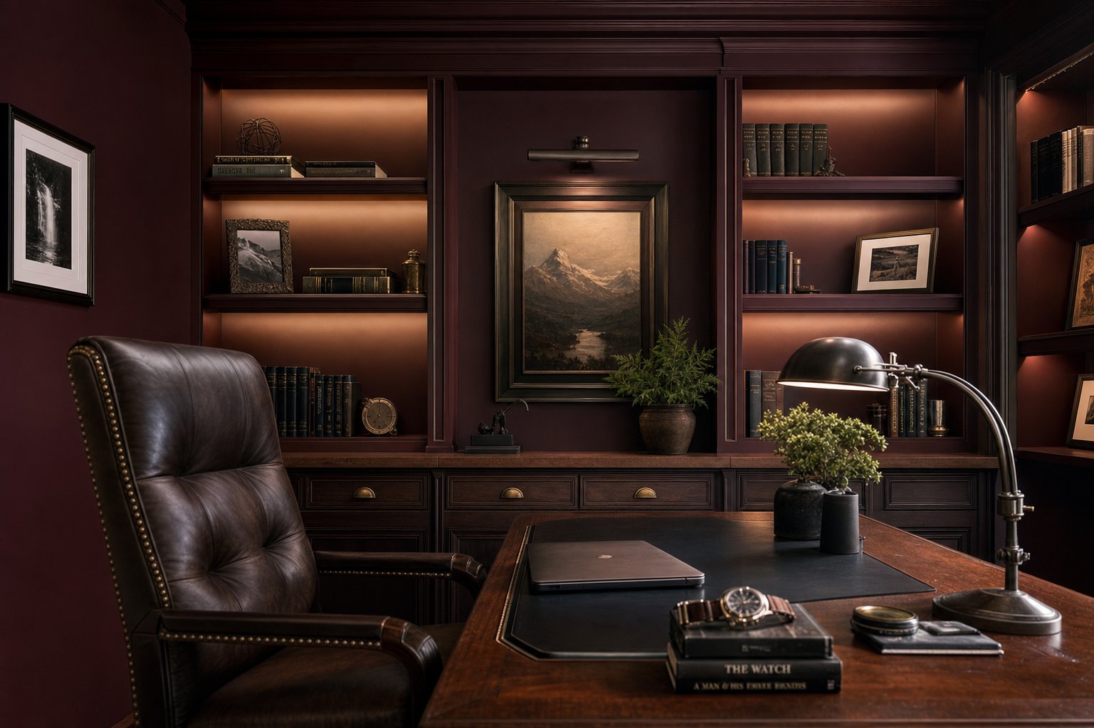 Moody burgundy built-in office shelving