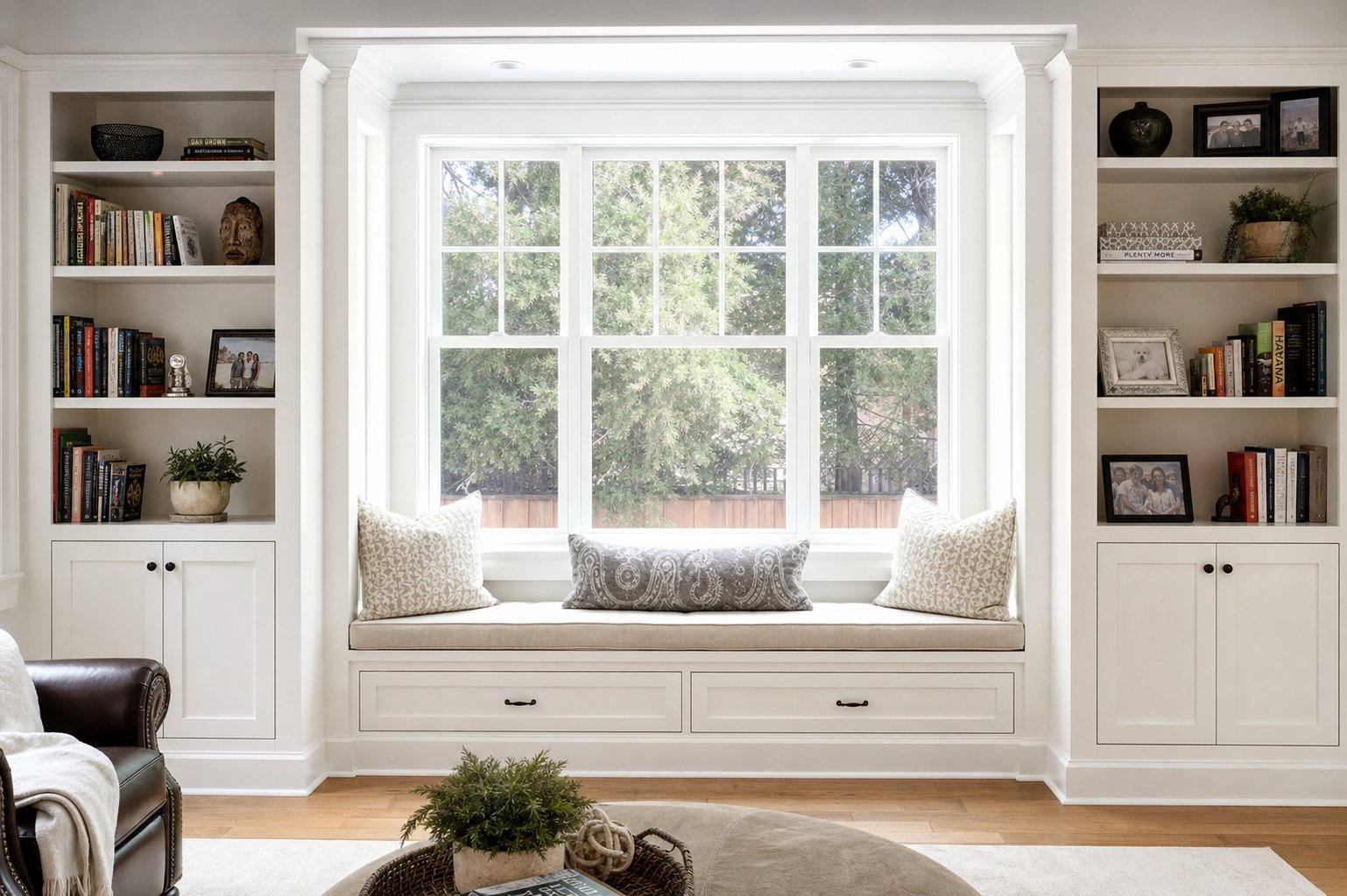 Built-in window seat with flanking bookshelves