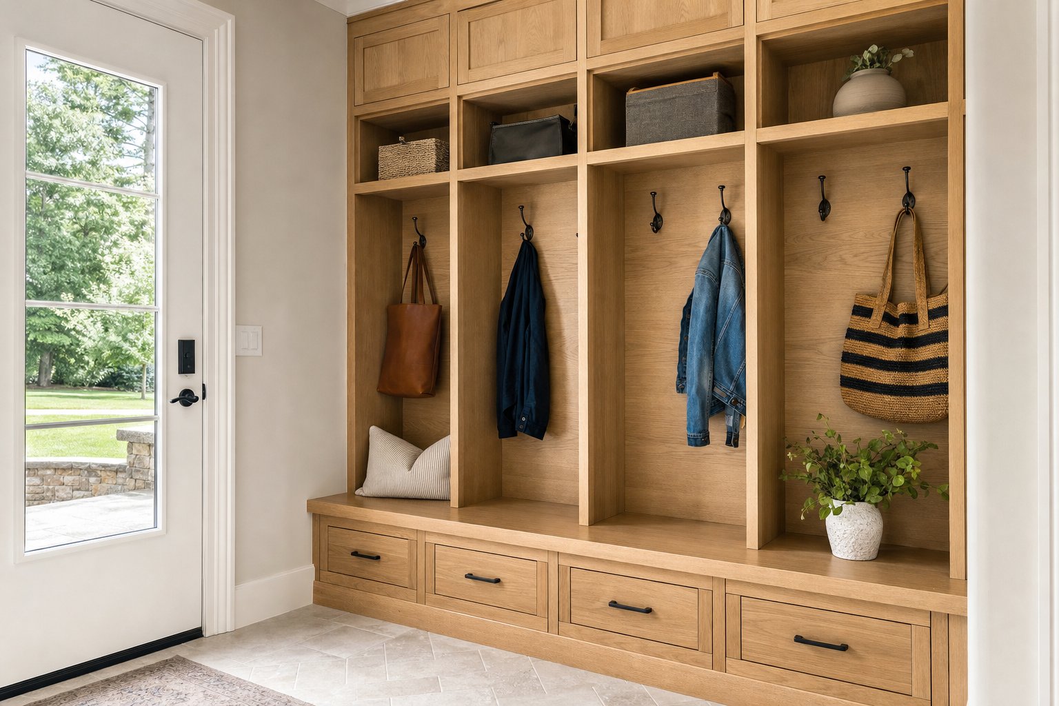 Built-in mudroom bench with cubbies and hooks