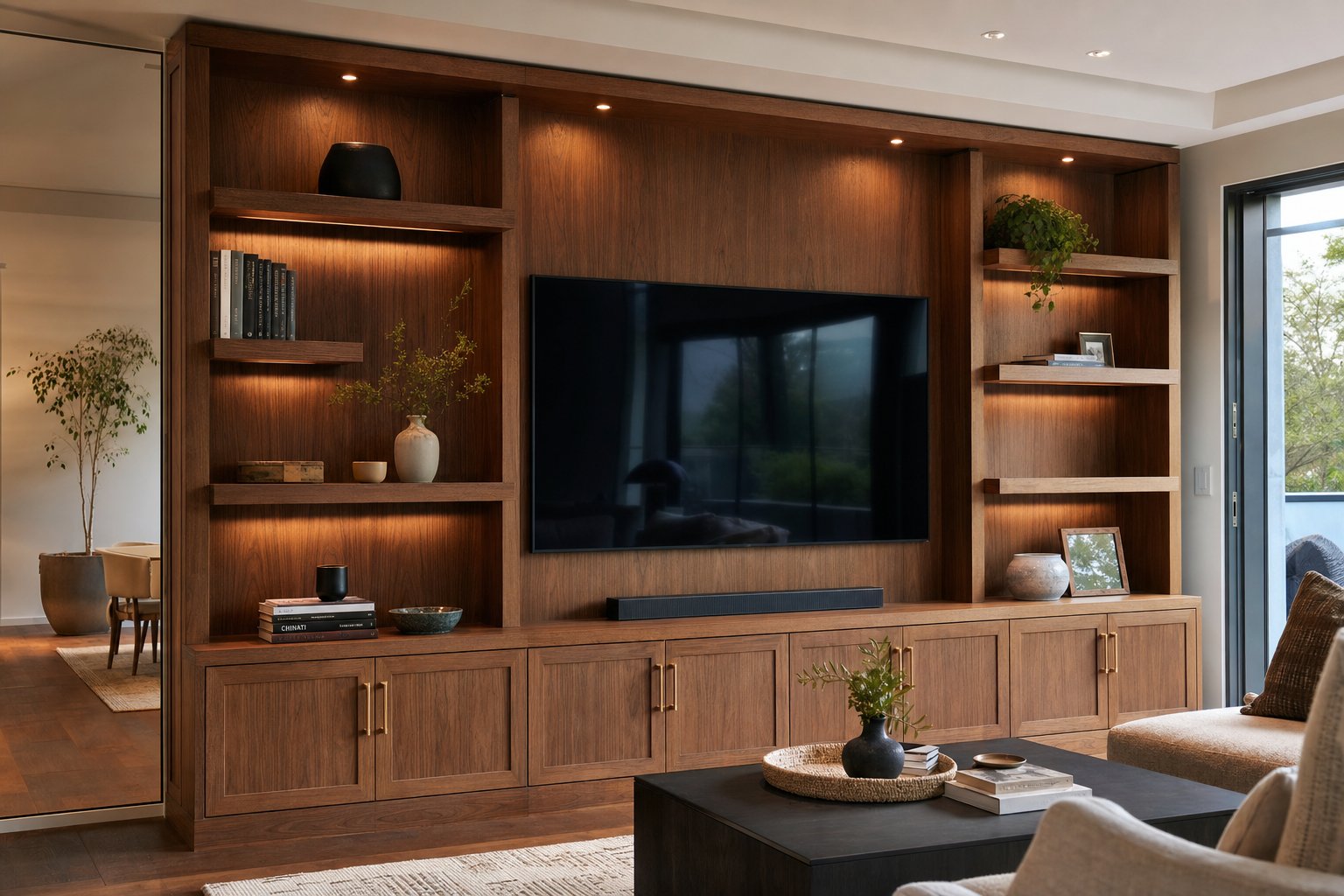 Built-in walnut media wall with floating shelves
