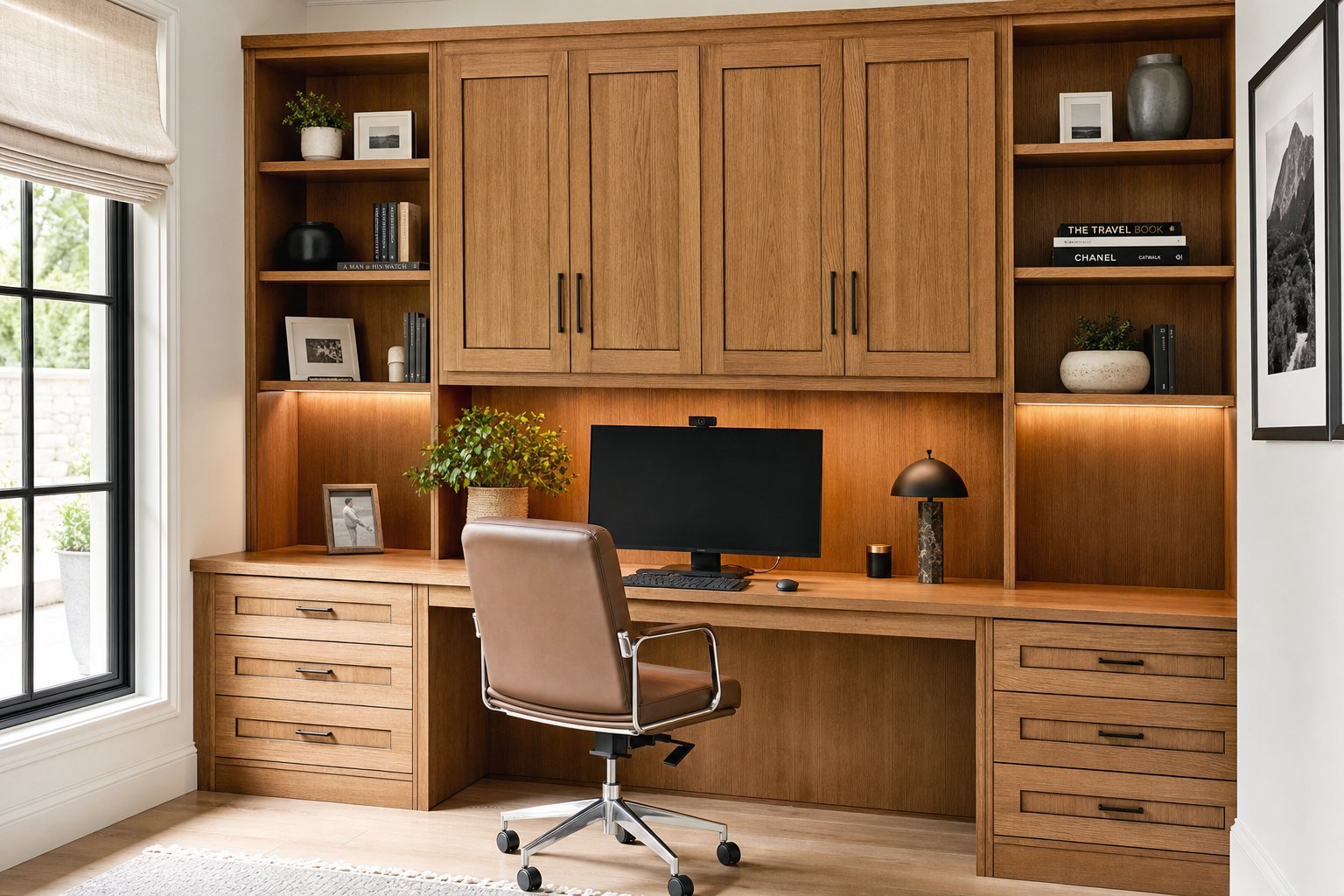 Built-in home office desk with overhead cabinets
