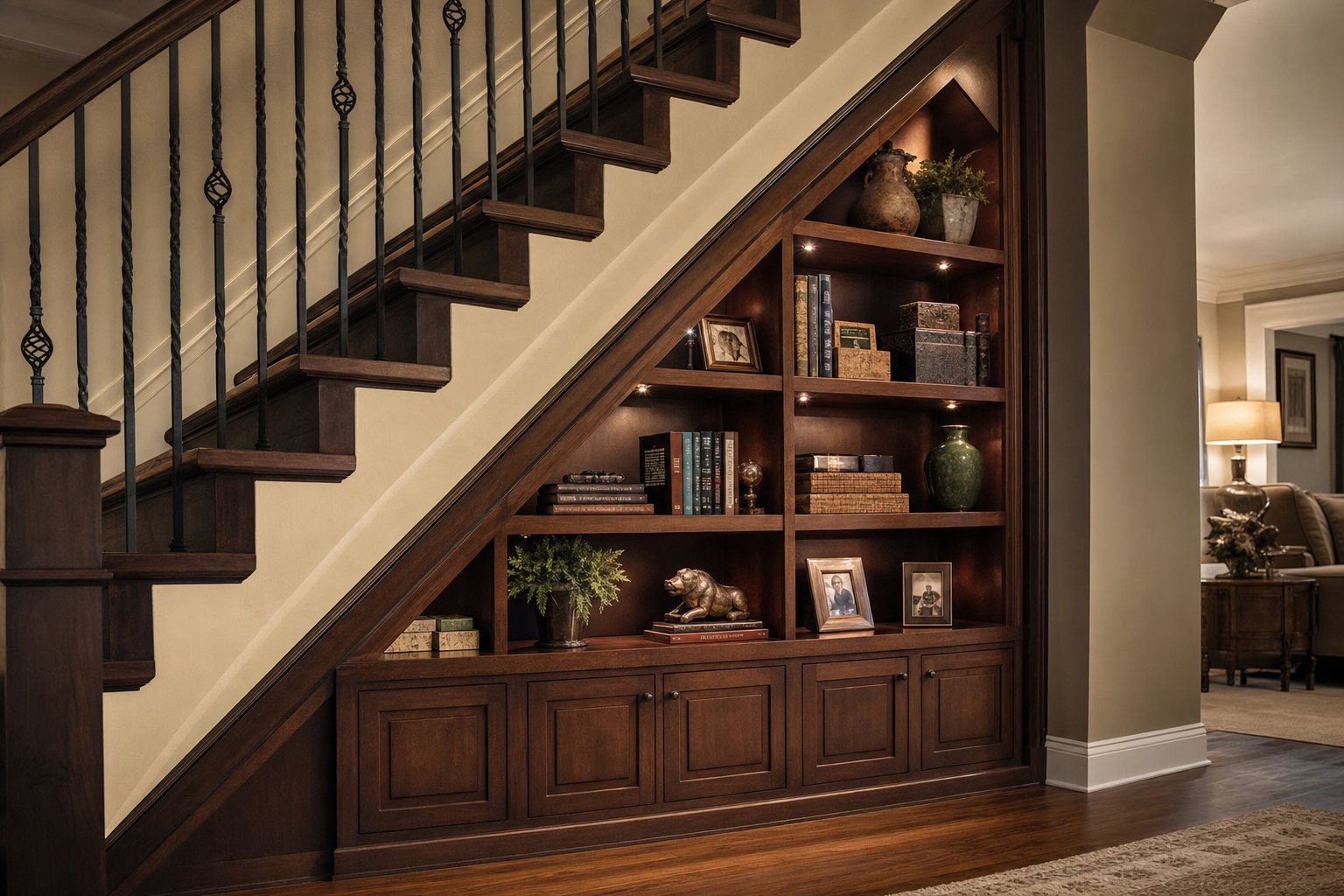Built-in bookshelf fitted under a staircase