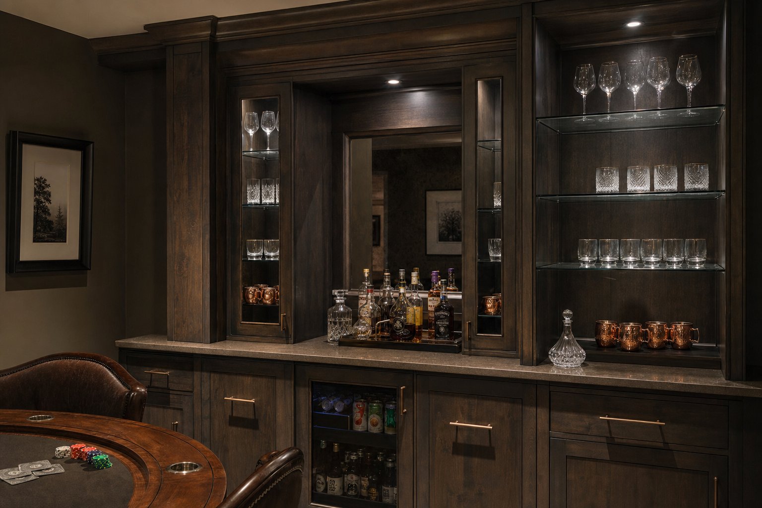 Built-in basement bar cabinetry with glass shelves