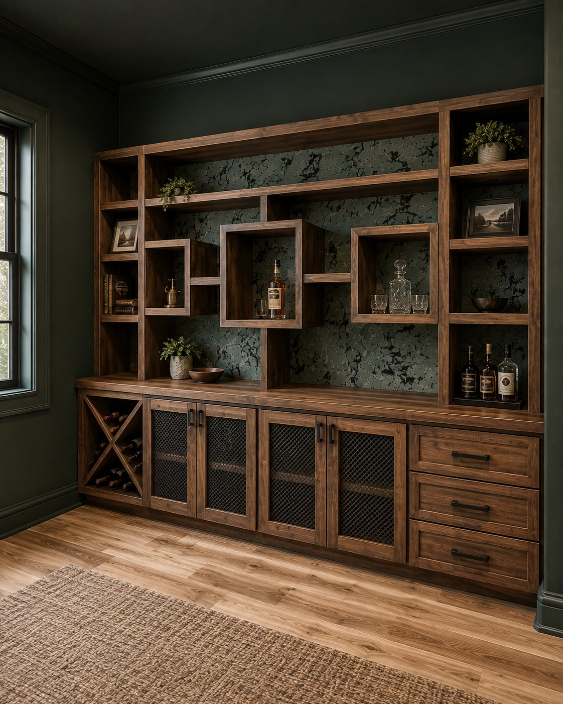 Dark wood built-in home bar with wine rack and mesh-front cabinets