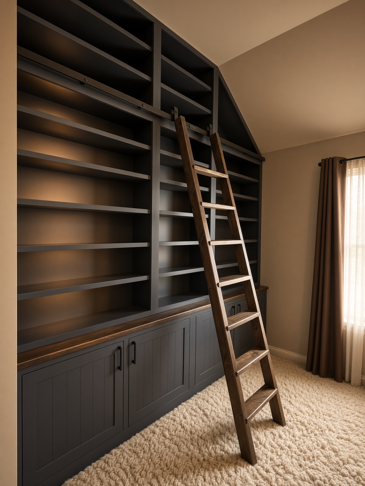 Charcoal built-in library bookcase with rolling ladder under a sloped ceiling