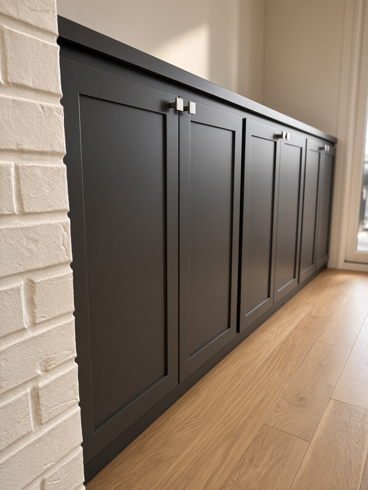 Matte gray built-in base cabinetry with shaker doors along a brick wall