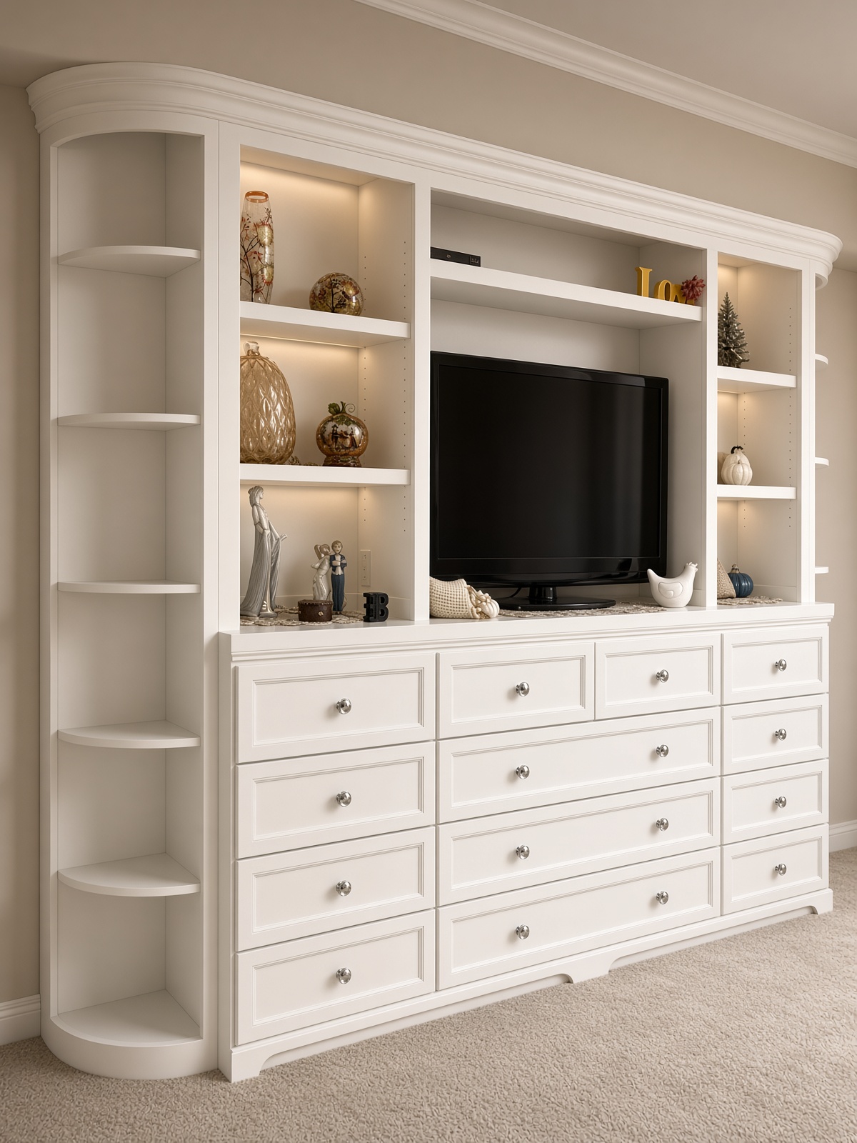 White built-in entertainment center with alcove shelving and drawers