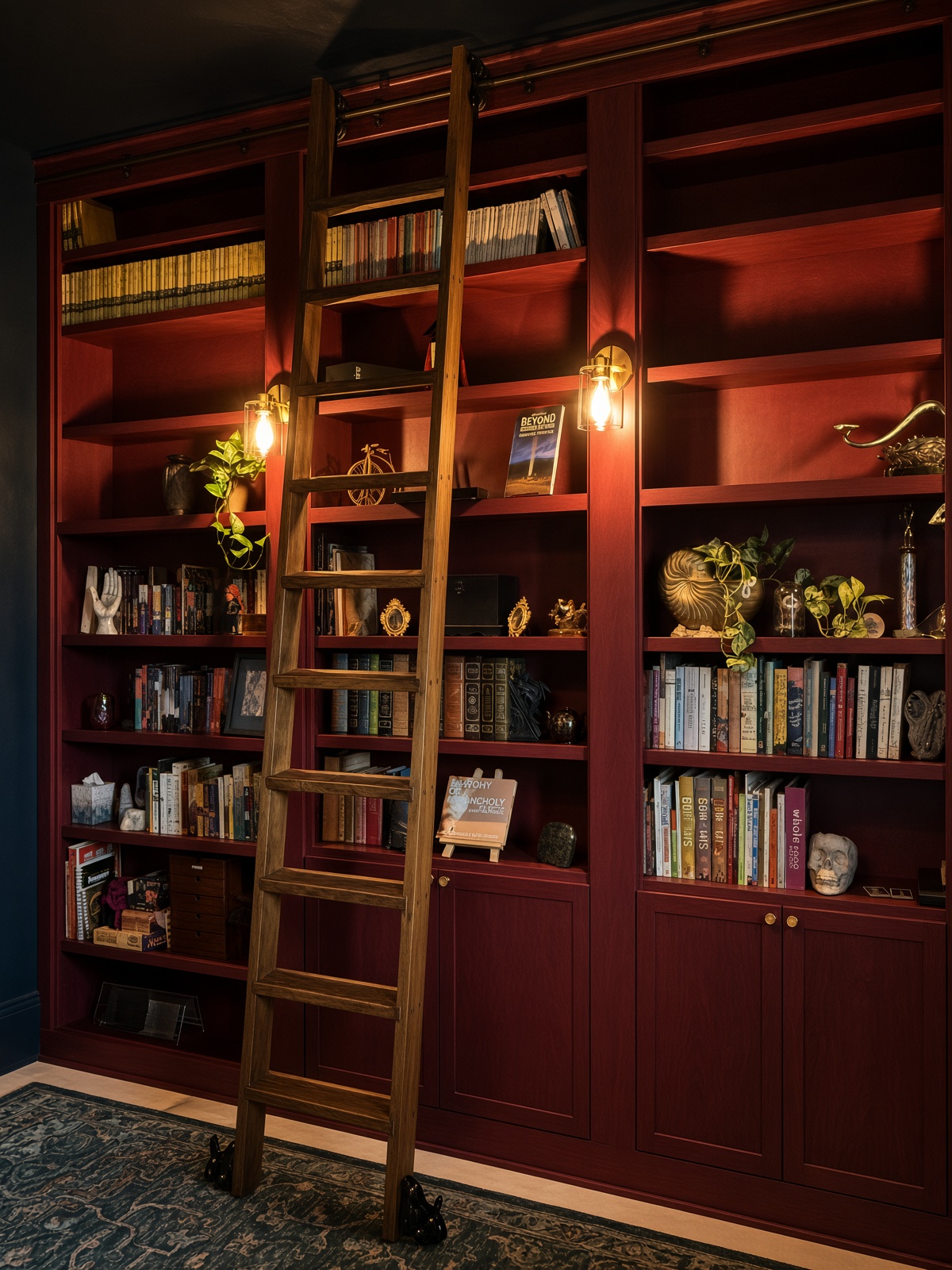 Crimson built-in library with brass sconces and rolling ladder