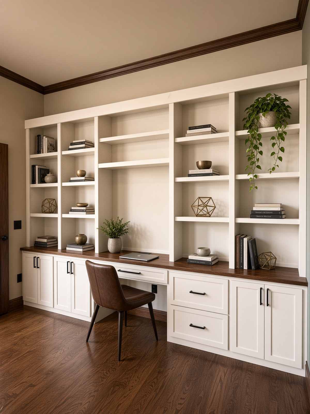 White built-in home office with dark wood desk and wall library shelving