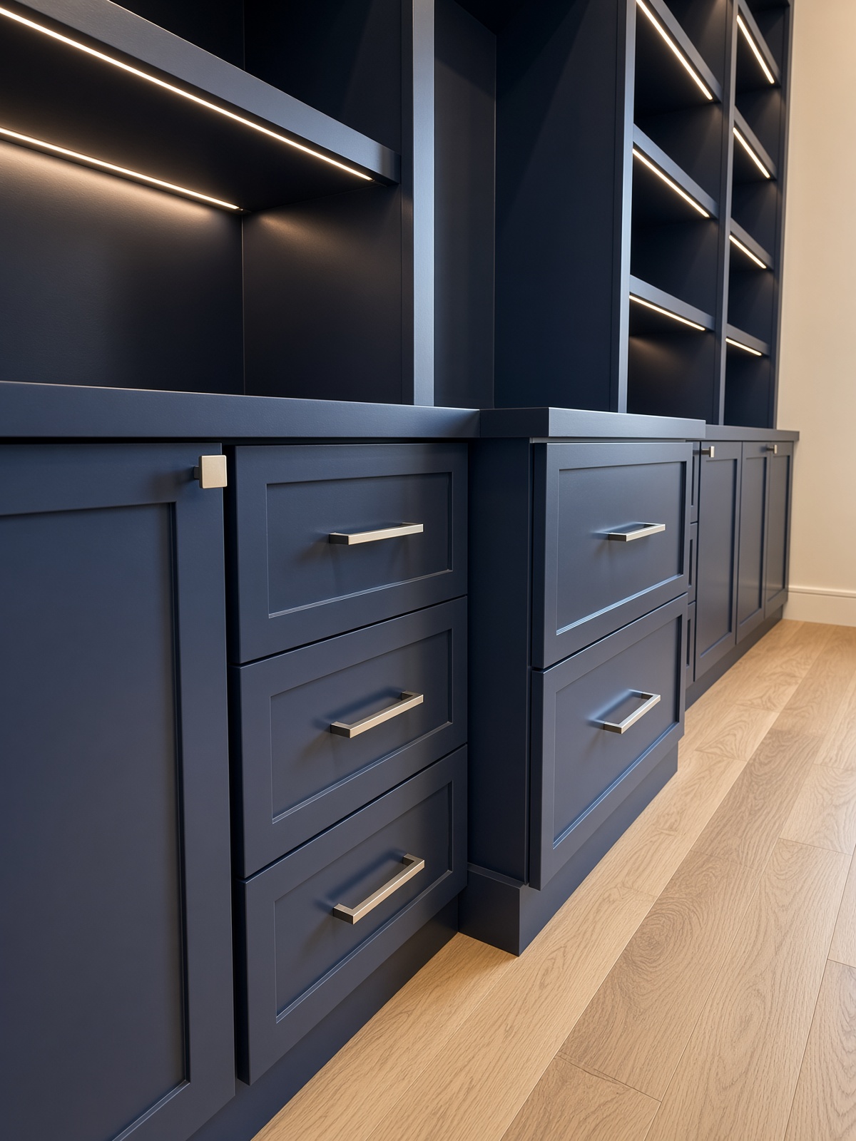 Navy blue built-in cabinetry with LED-lit open shelving