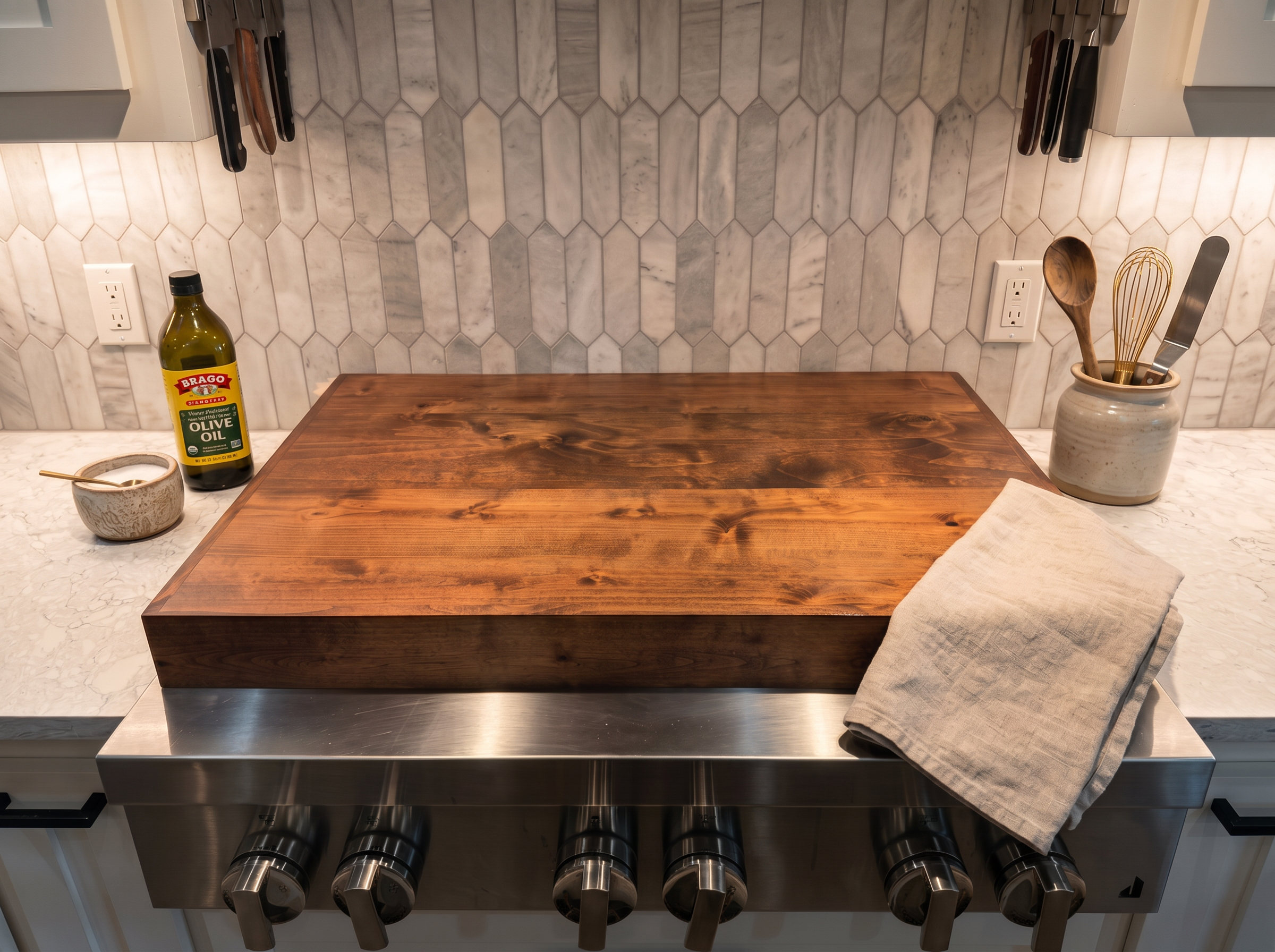 Custom stove top cover installed in luxury kitchen