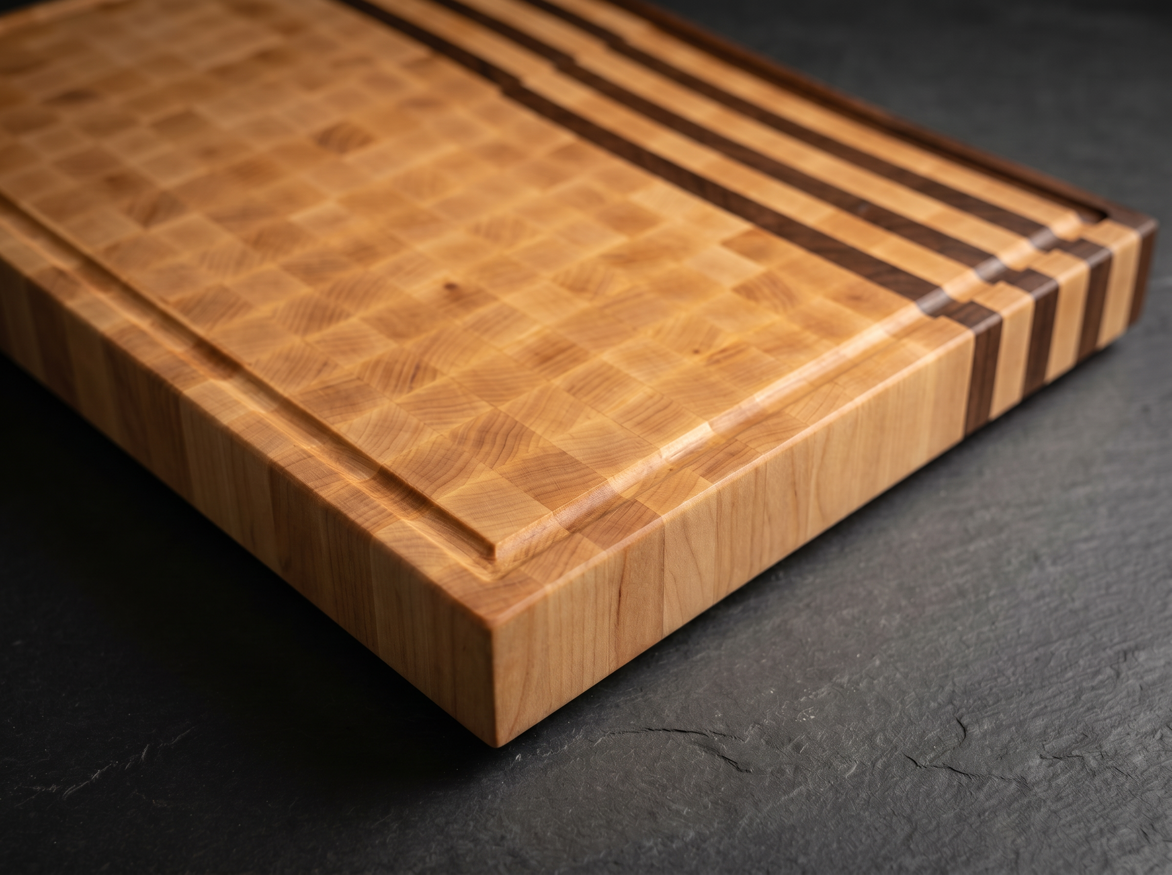 Maple end-grain cutting board with walnut accents