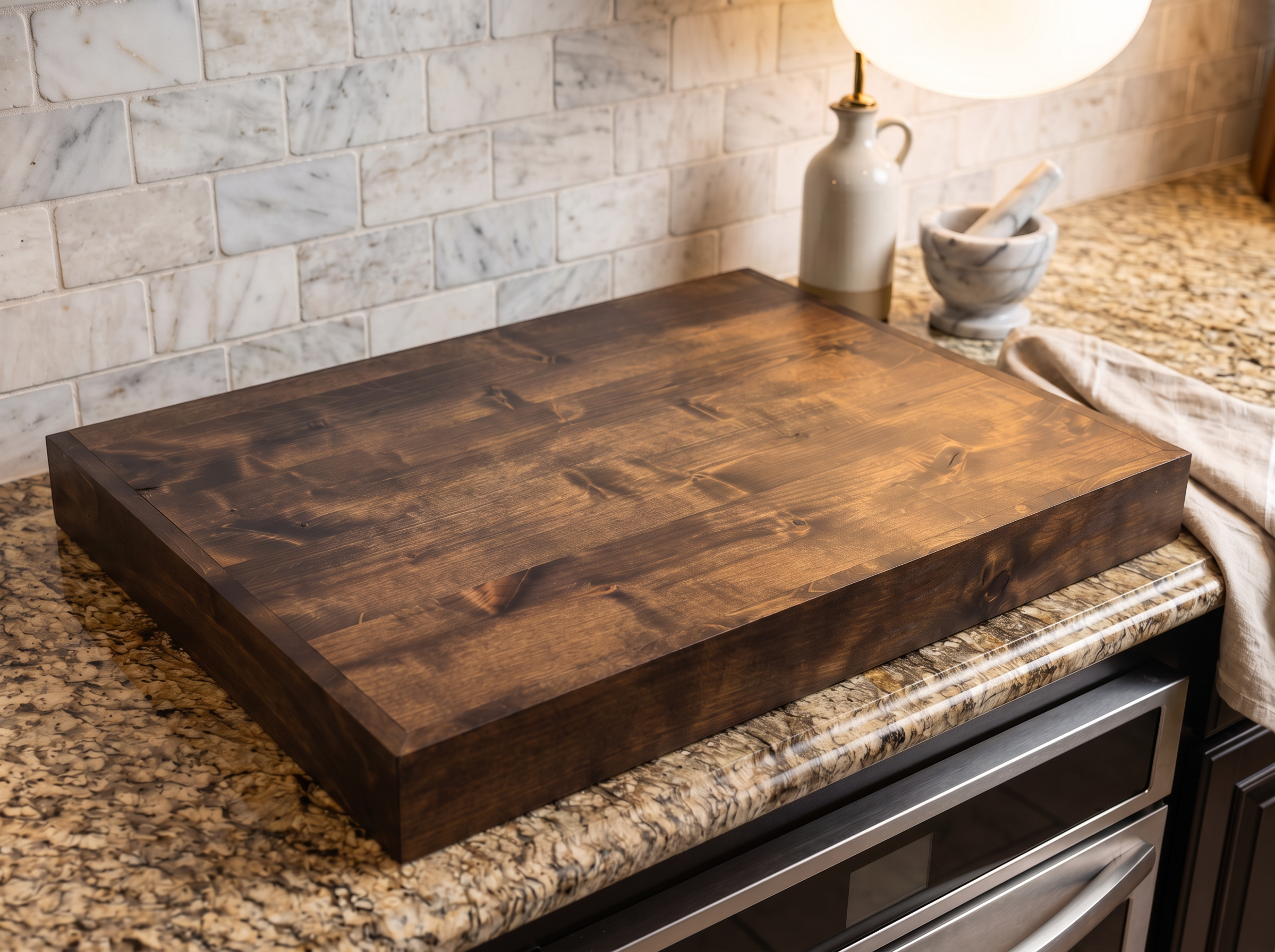 Custom stove top cover on granite counter