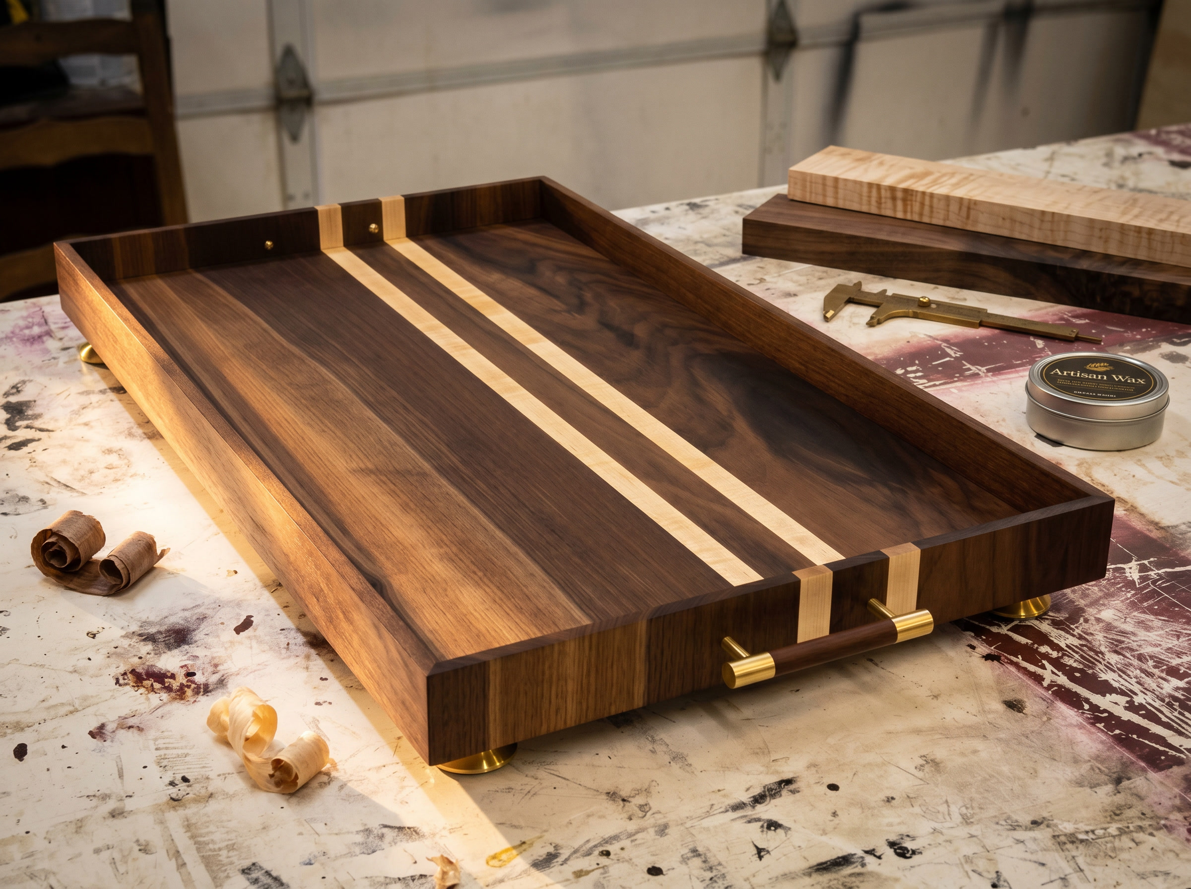 Walnut serving tray with maple accents and brass hardware
