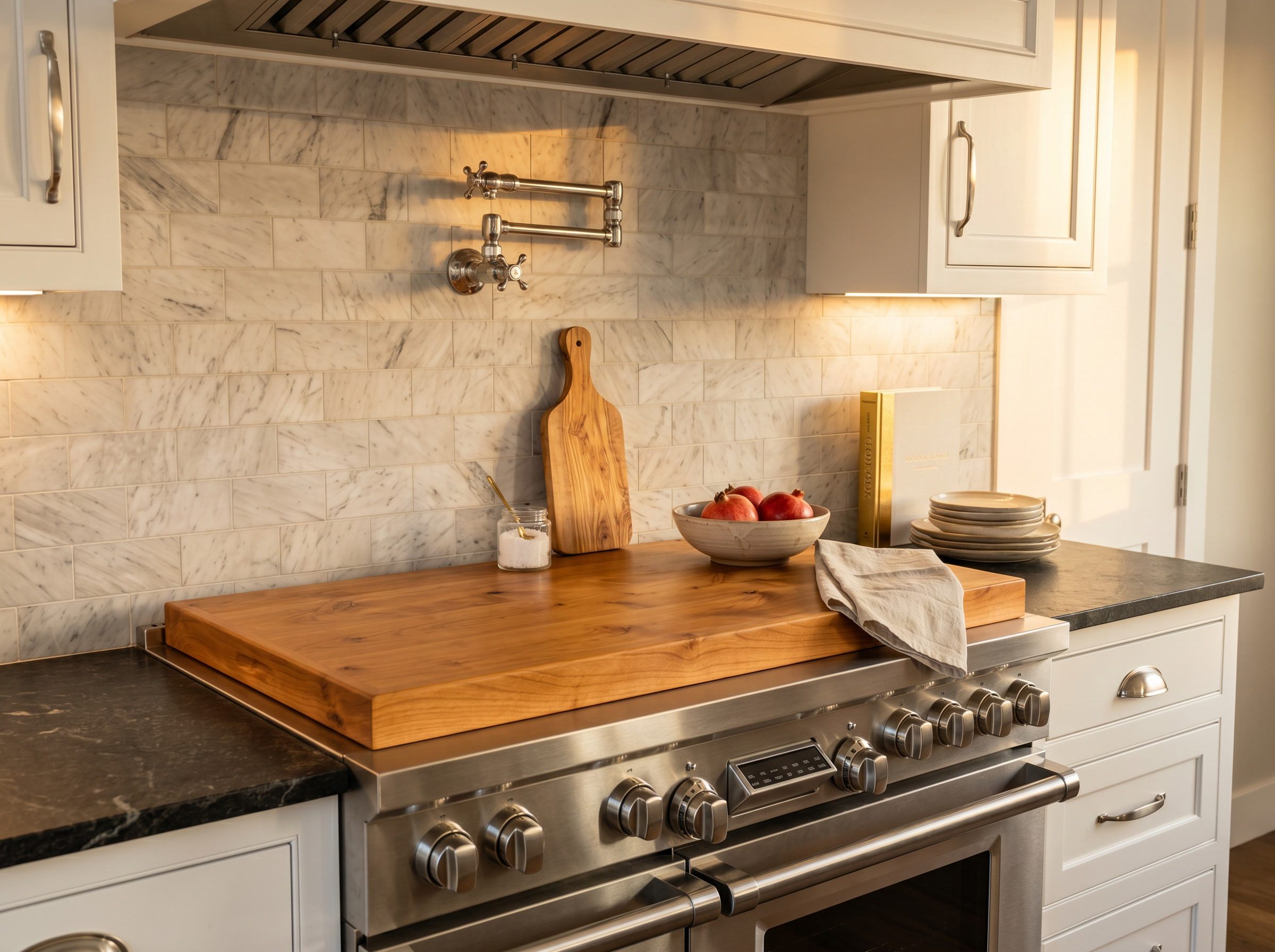 Natural wood stove top cover on Wolf range