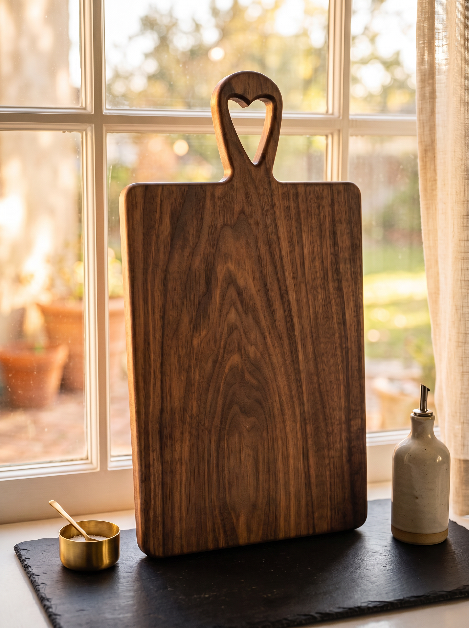 Walnut cutting board with heart-shaped handle