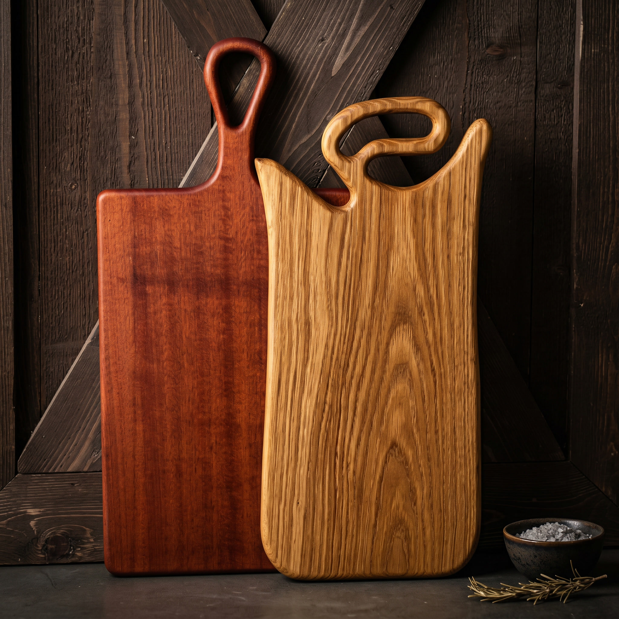 Two artistic boards with sculptural handles
