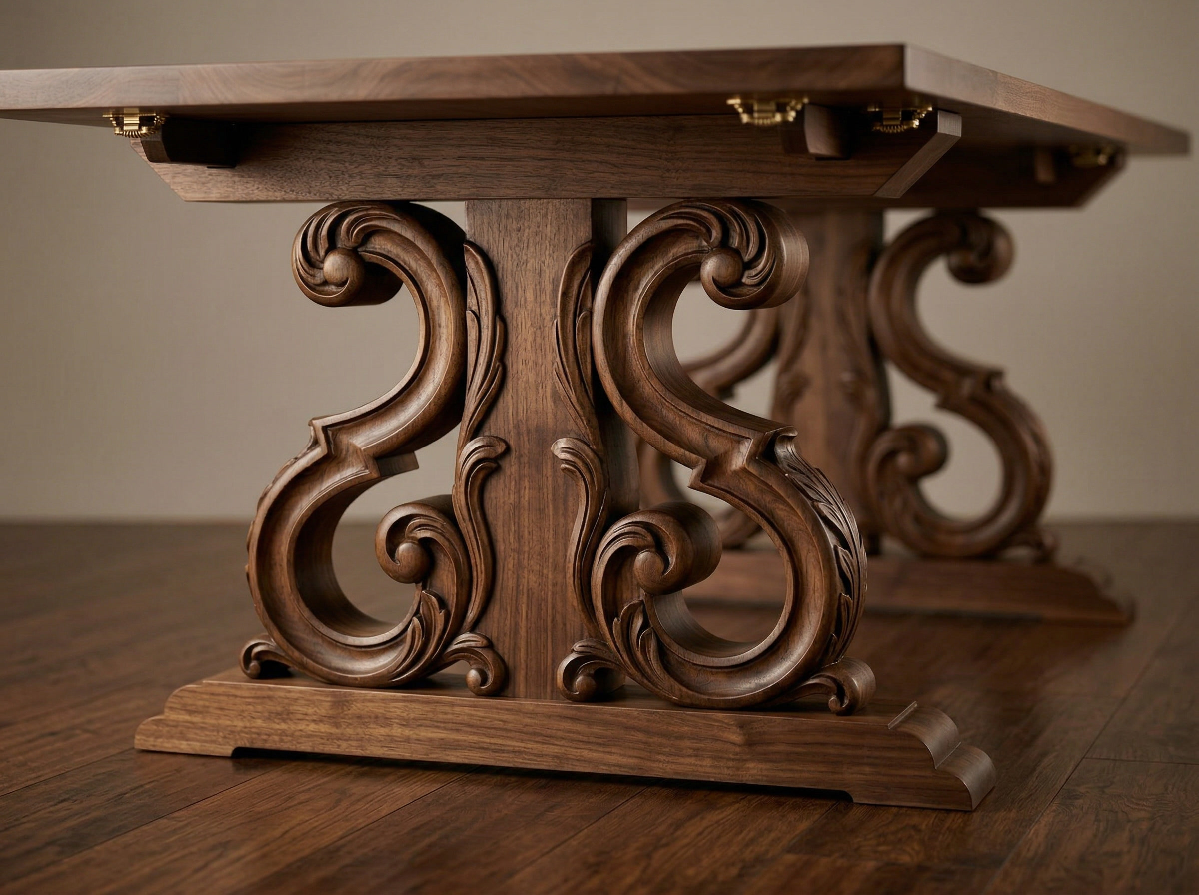 Ornate scroll-leg table base detail with carved S-curve legs