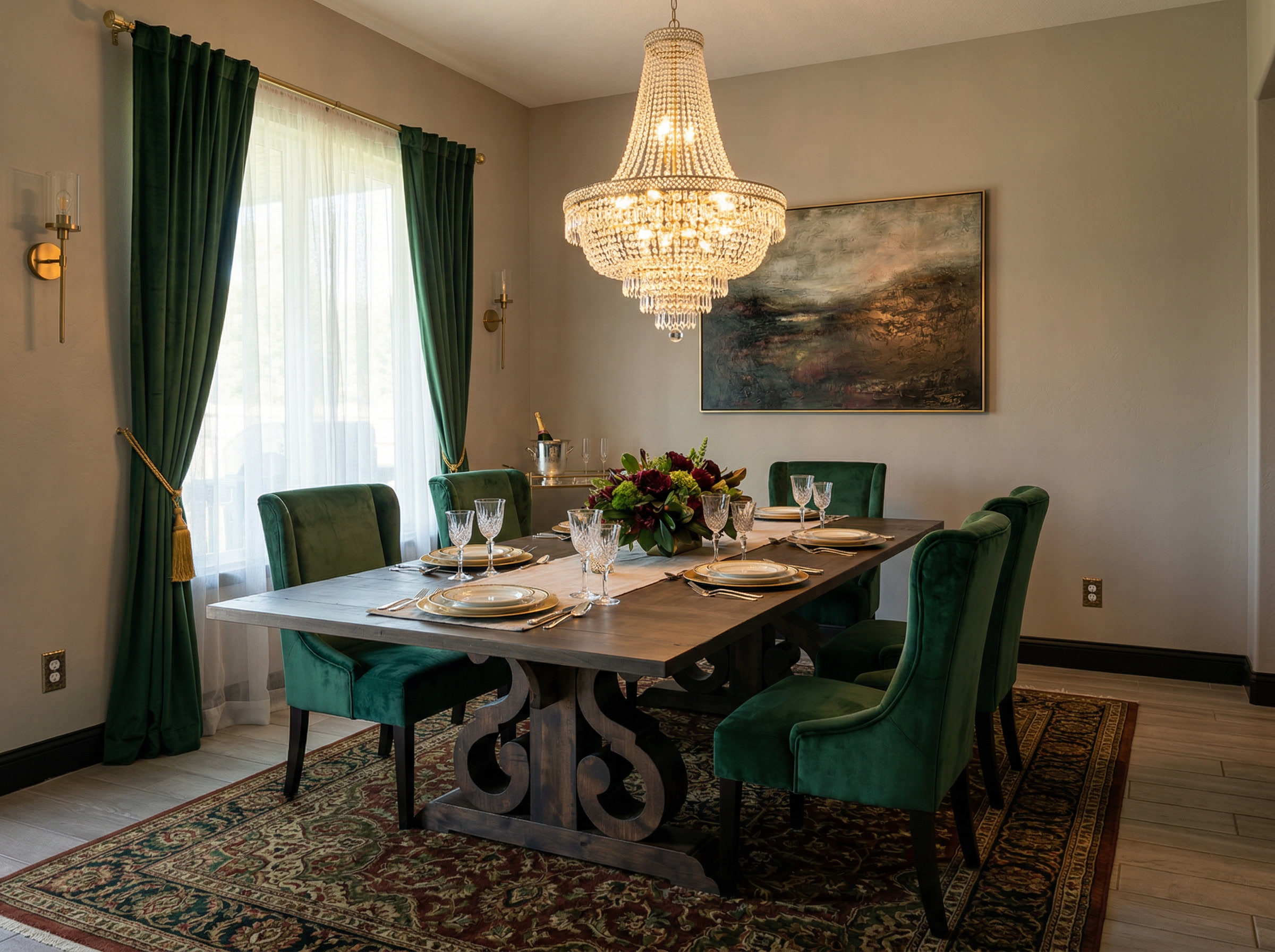Elegant scroll-leg dining table with green velvet chairs and chandelier