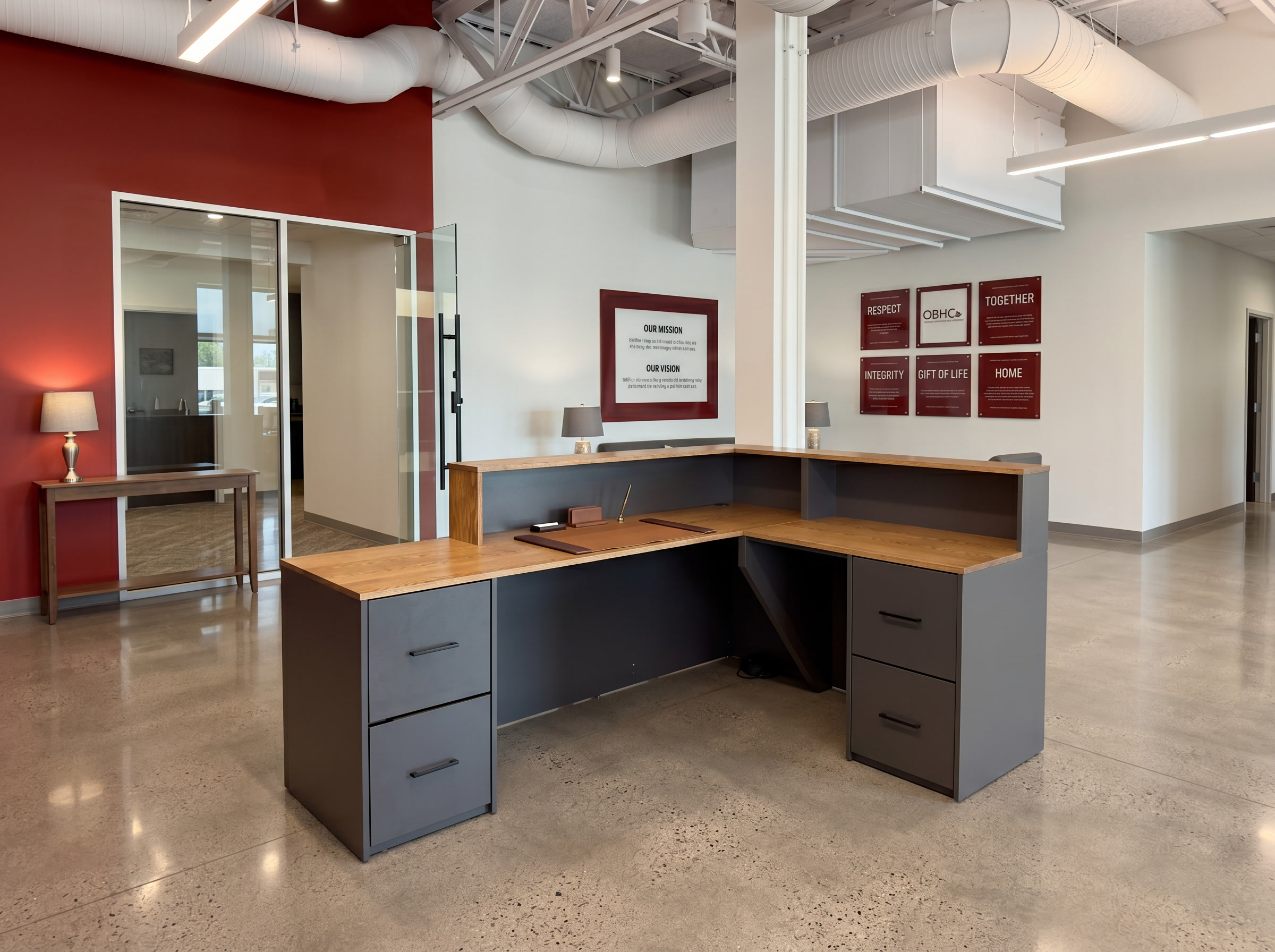 L-shaped reception desk with oak top and dark gray body