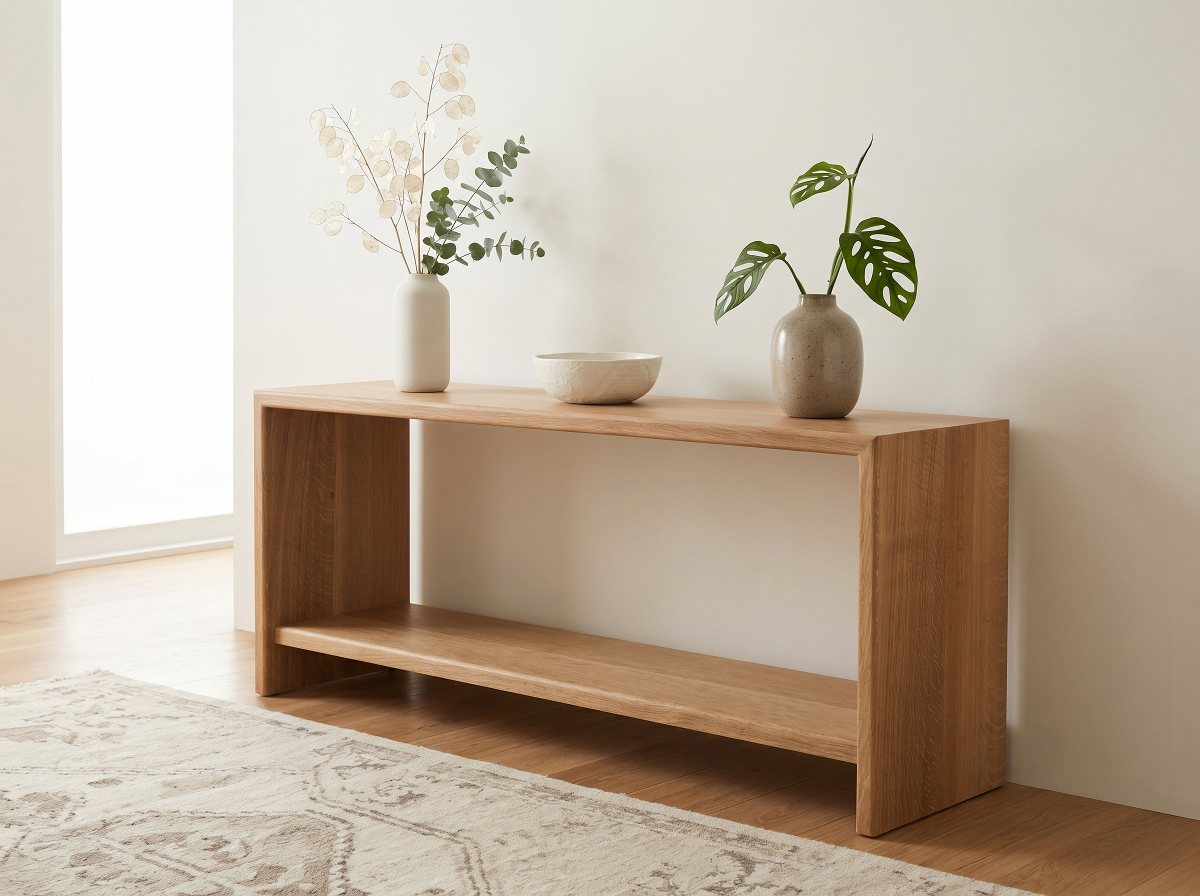 Modern oak waterfall console table with ceramic vases