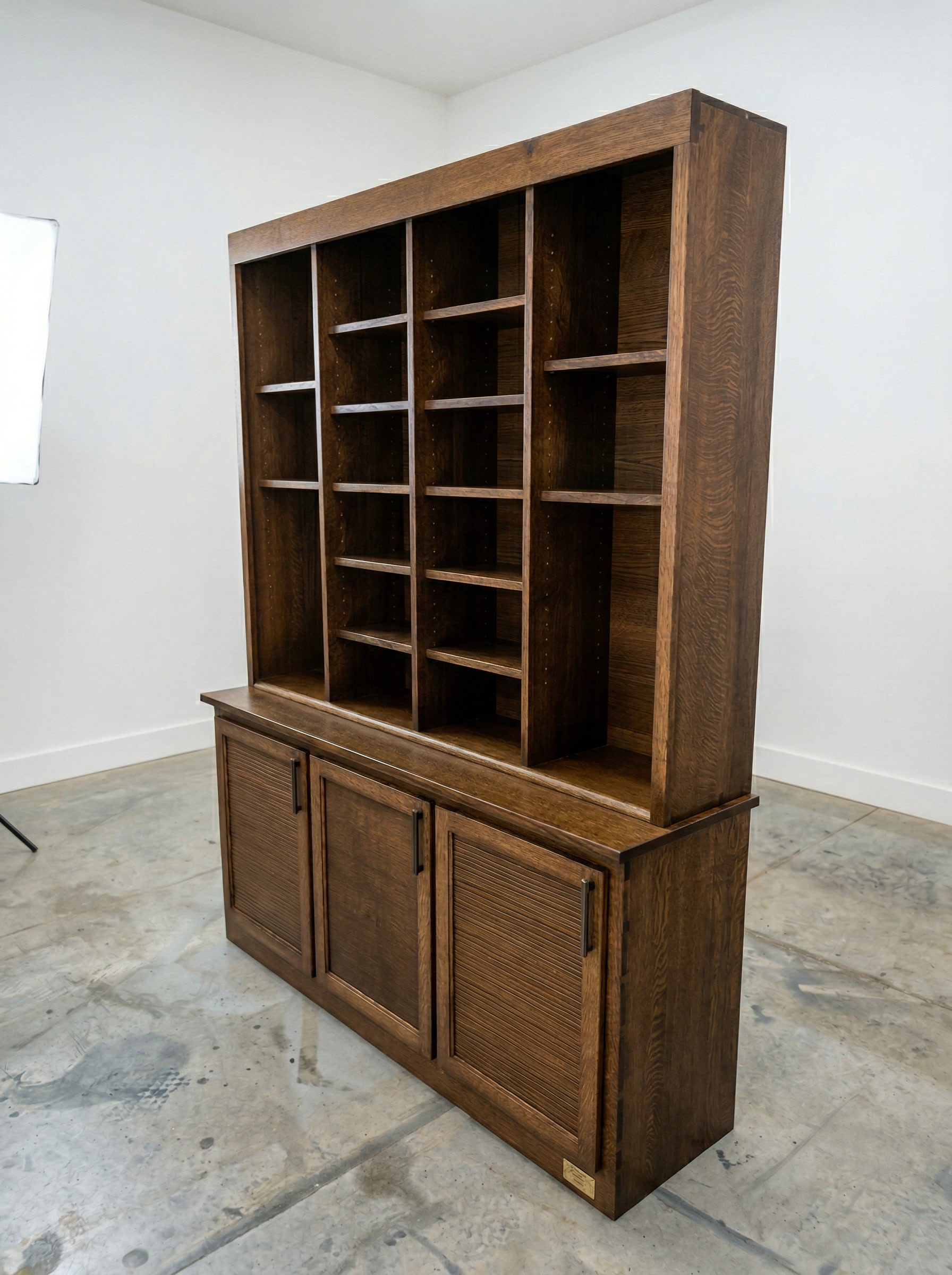 Dark oak hutch bookcase in workshop