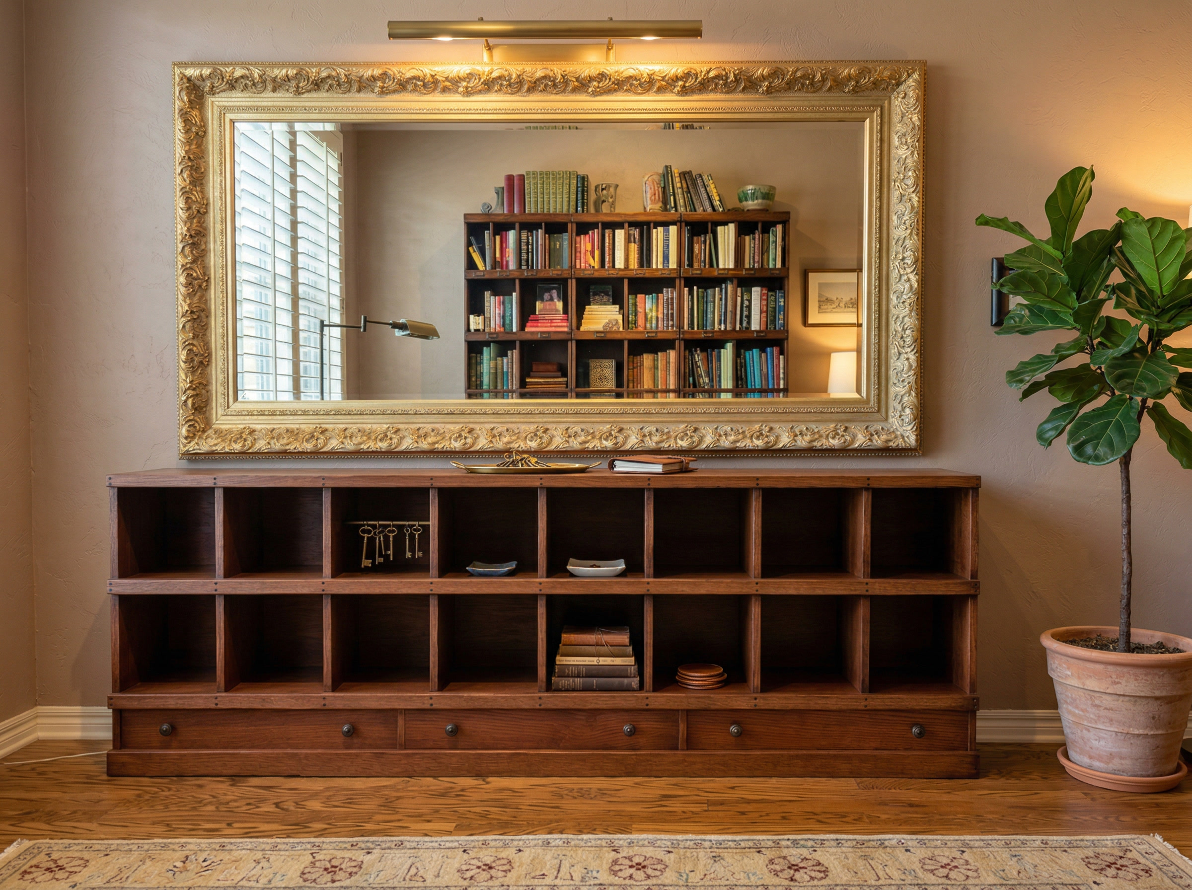 Long oak cubby shelf unit under ornate mirror