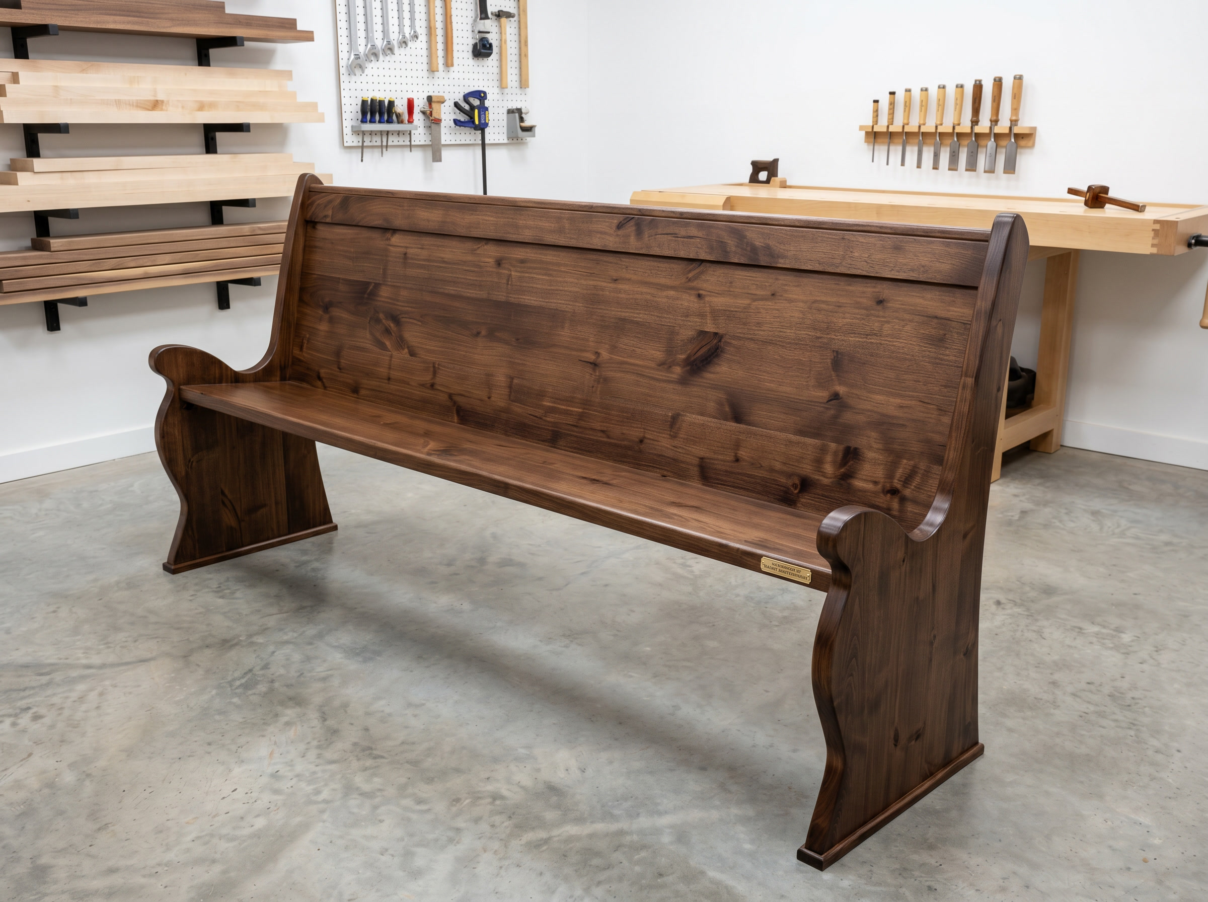 Handcrafted walnut church pew bench in workshop