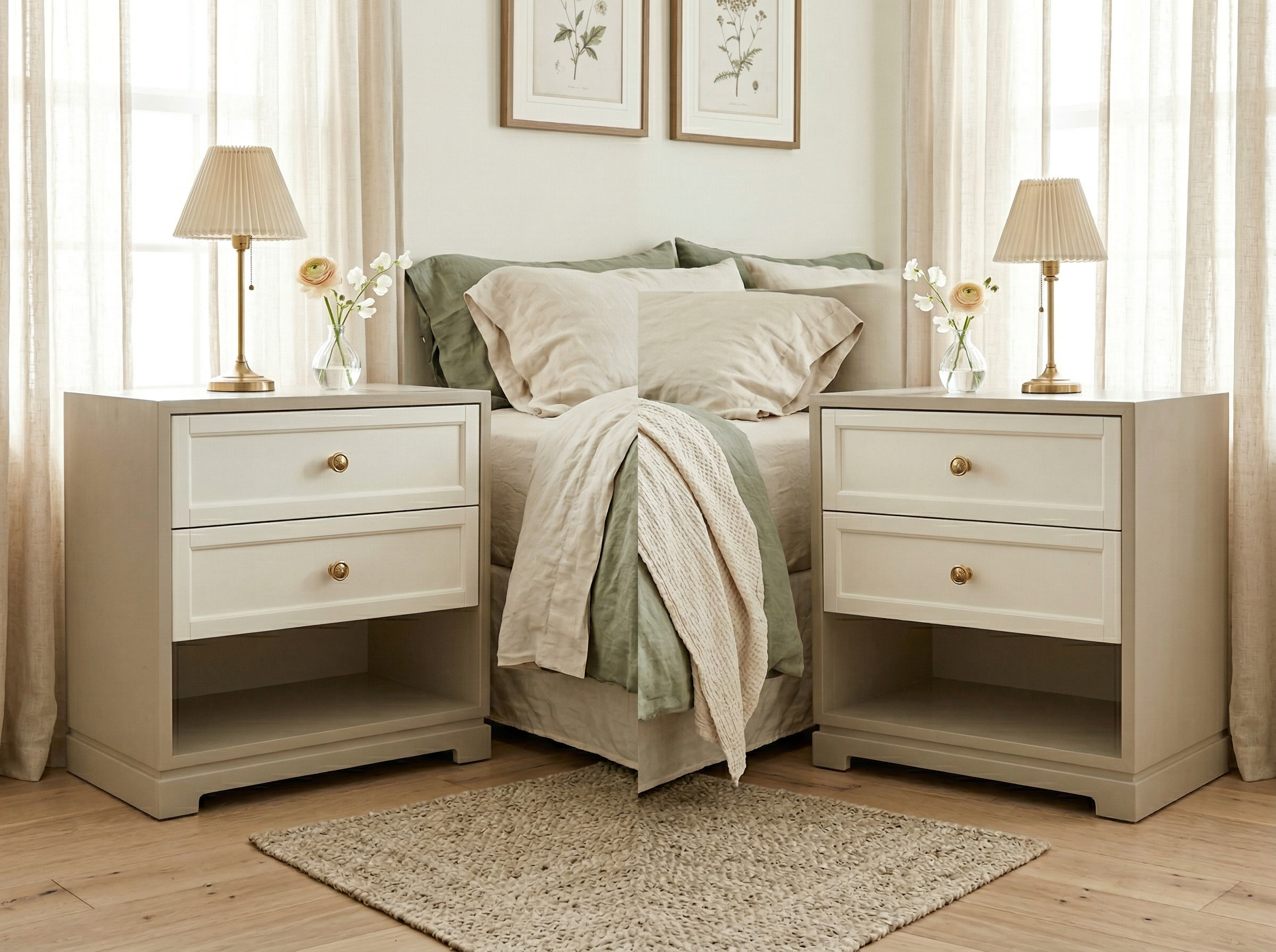 Pair of cream nightstands with gold knobs in bedroom