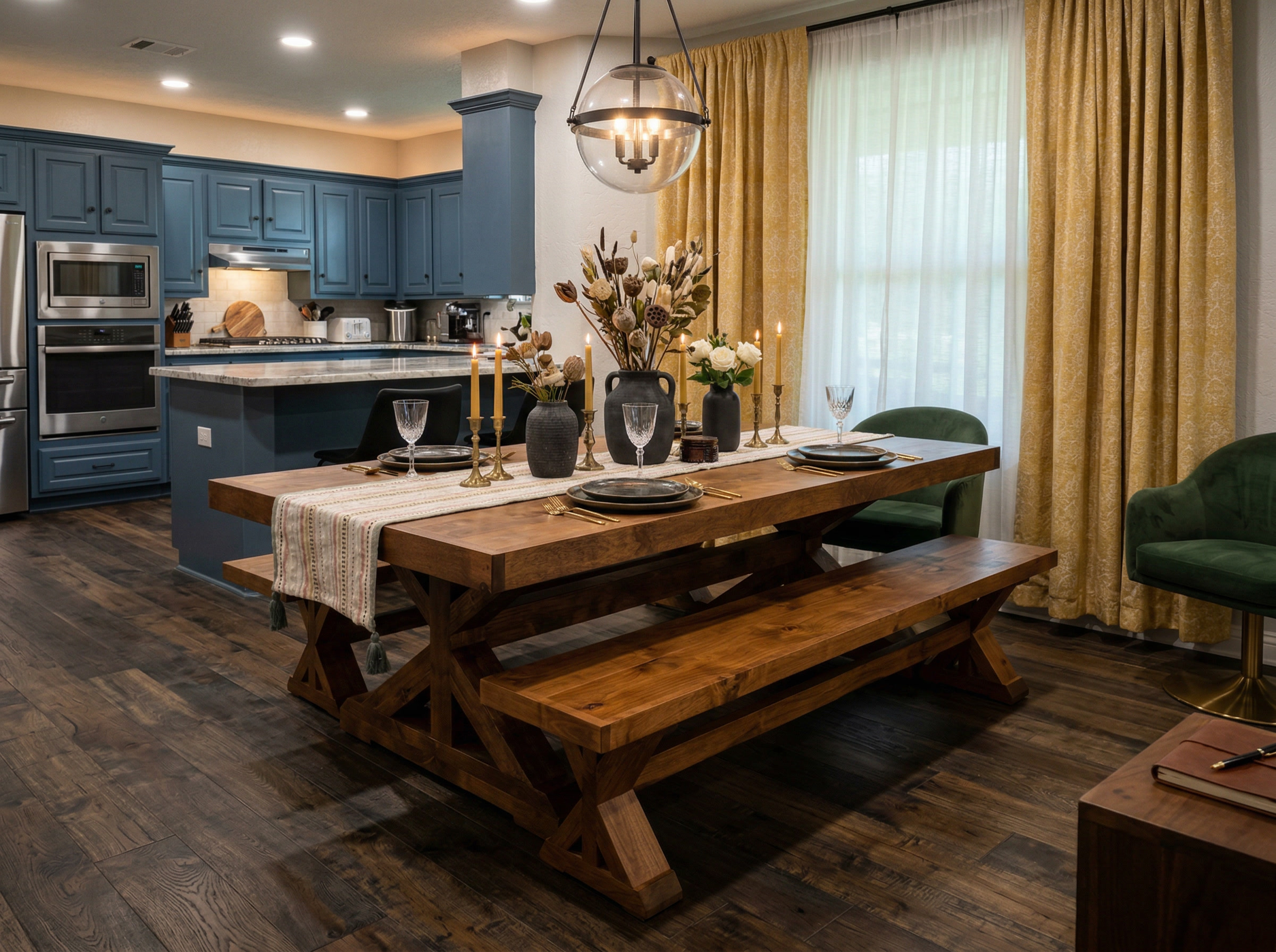 Farmhouse trestle dining table with bench and gold curtains