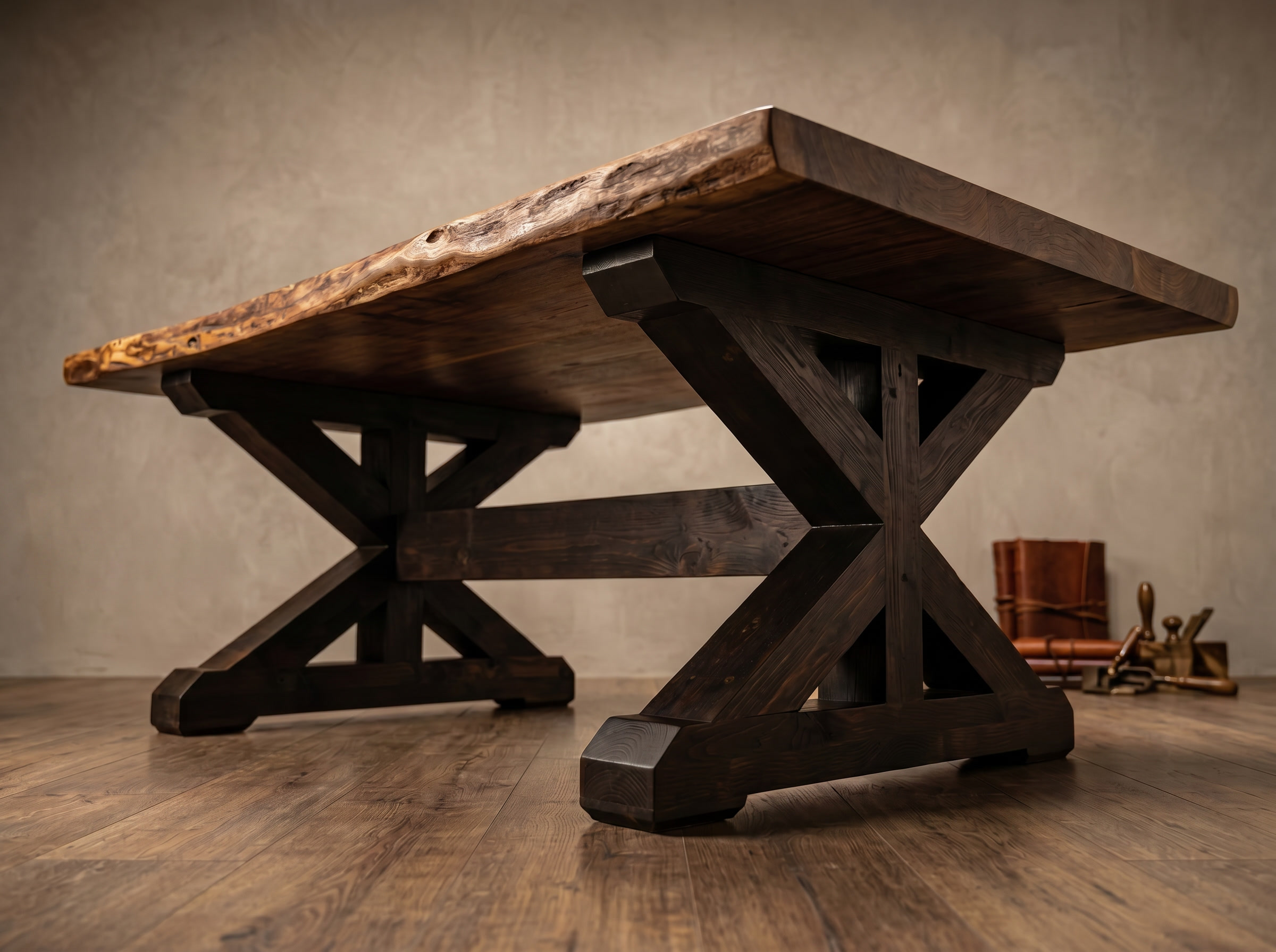 Farmhouse X-base dining table with chunky walnut top