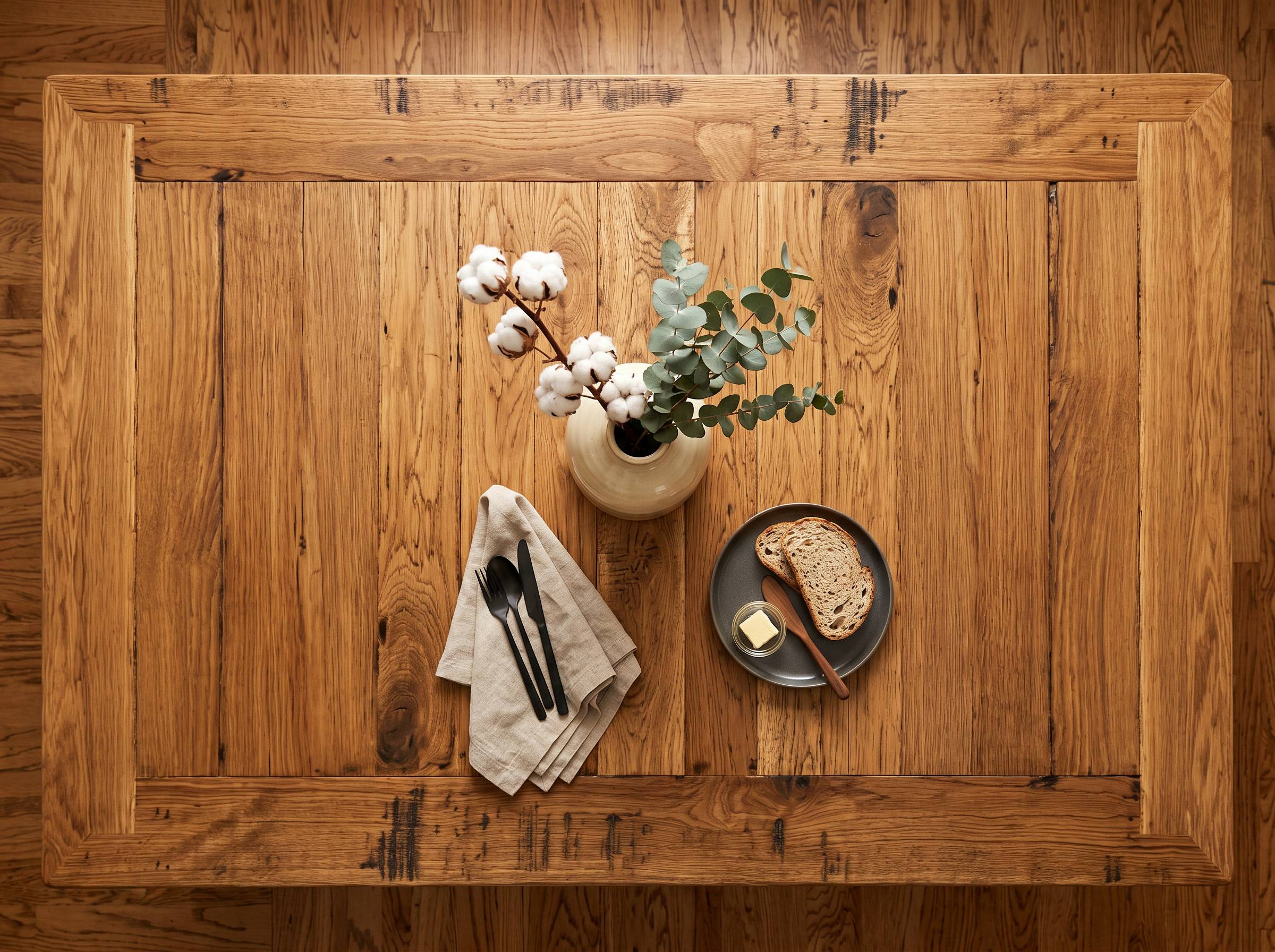 Reclaimed oak farmhouse table top-down view