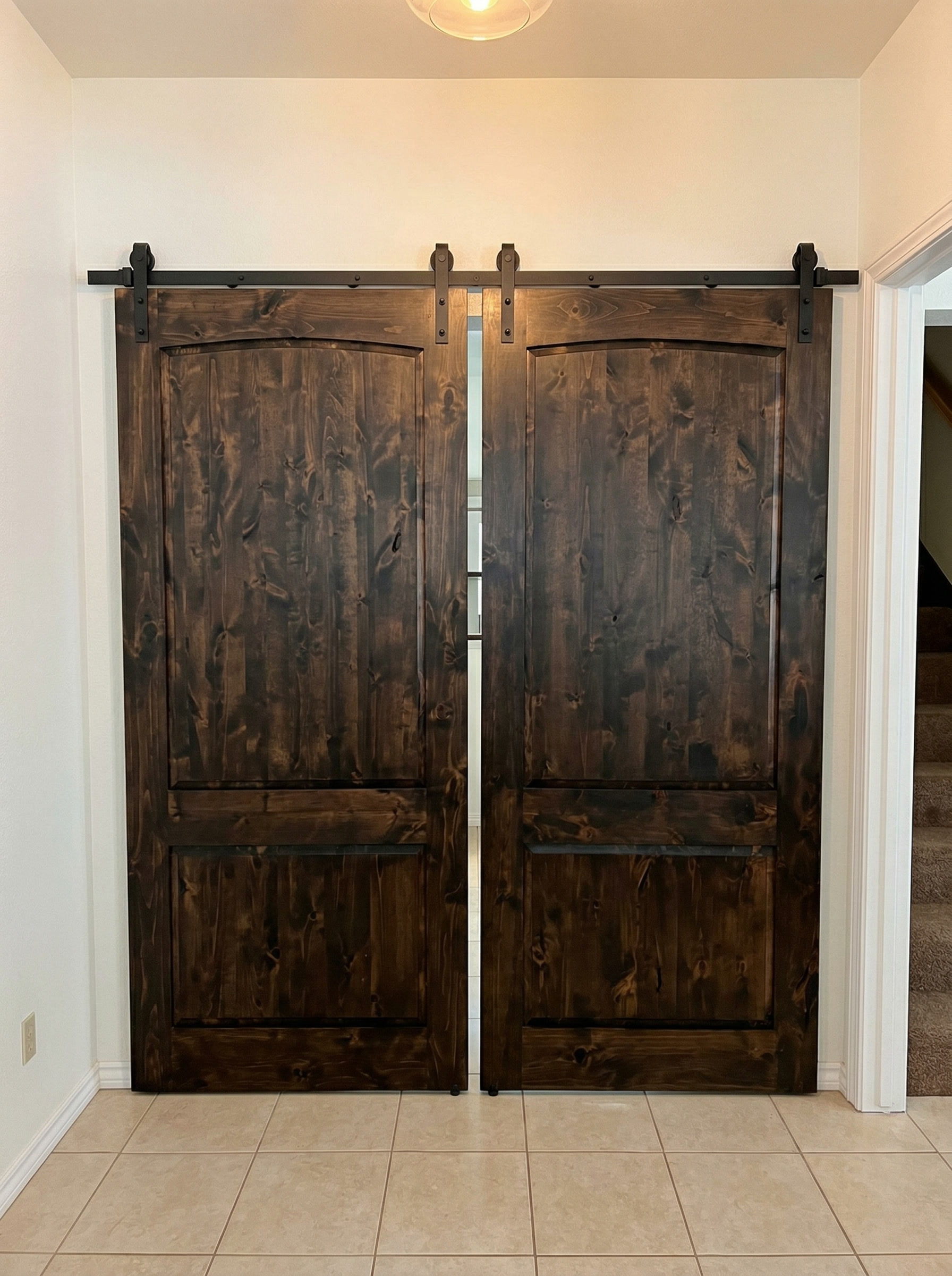 Dark stained double barn doors with flat panel design