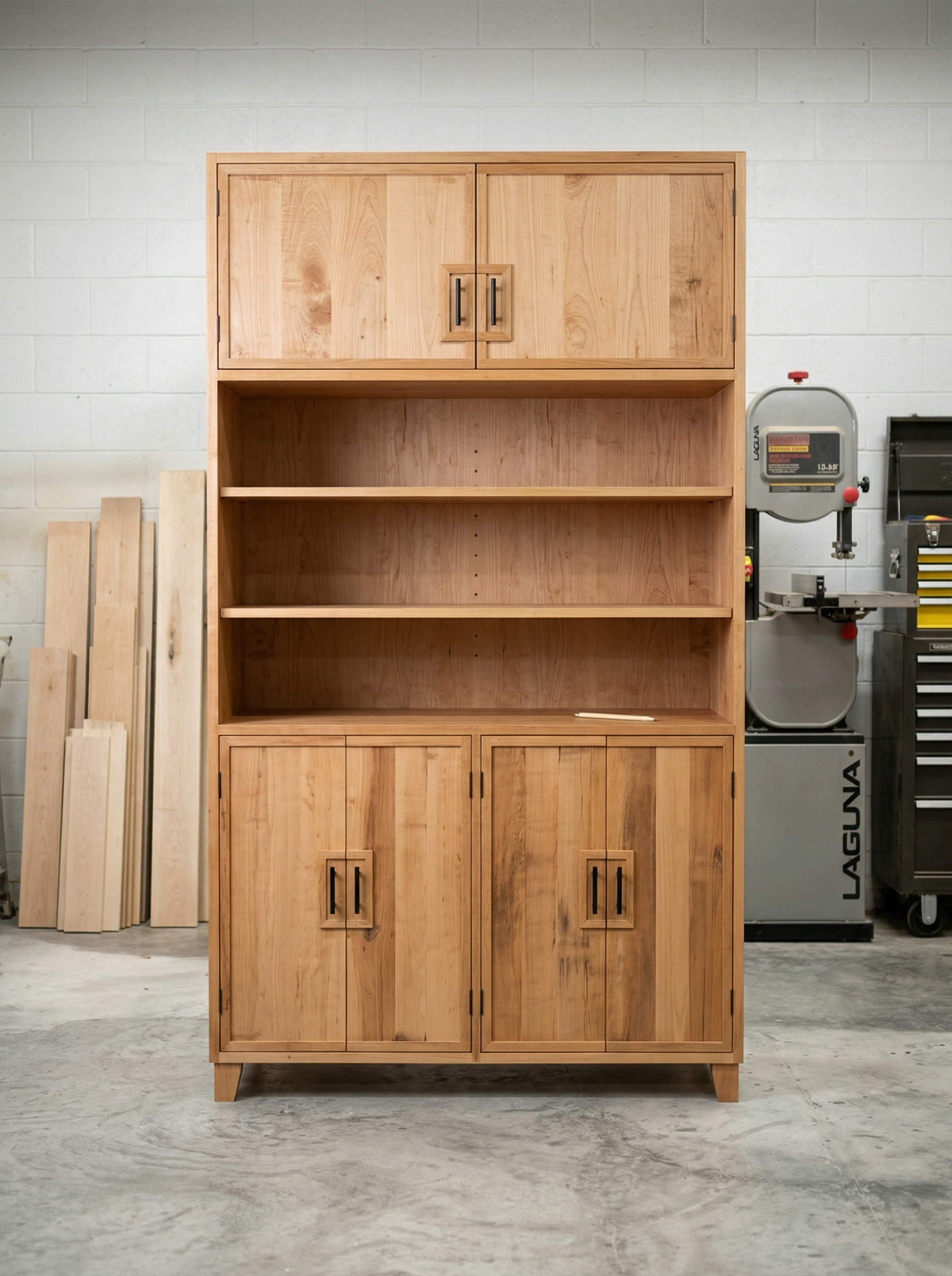 Maple tall cabinet with black hardware in workshop