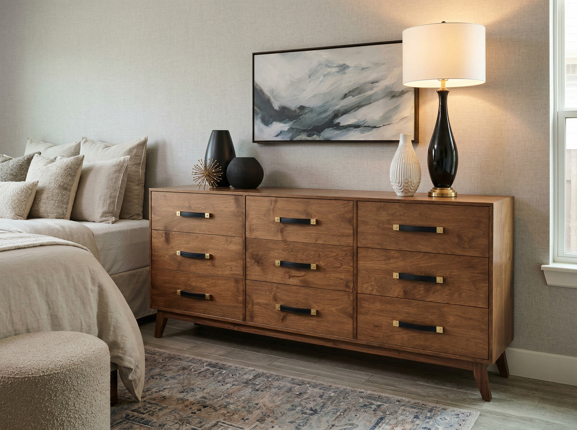 Handcrafted mid-century walnut dresser with brass and leather pulls