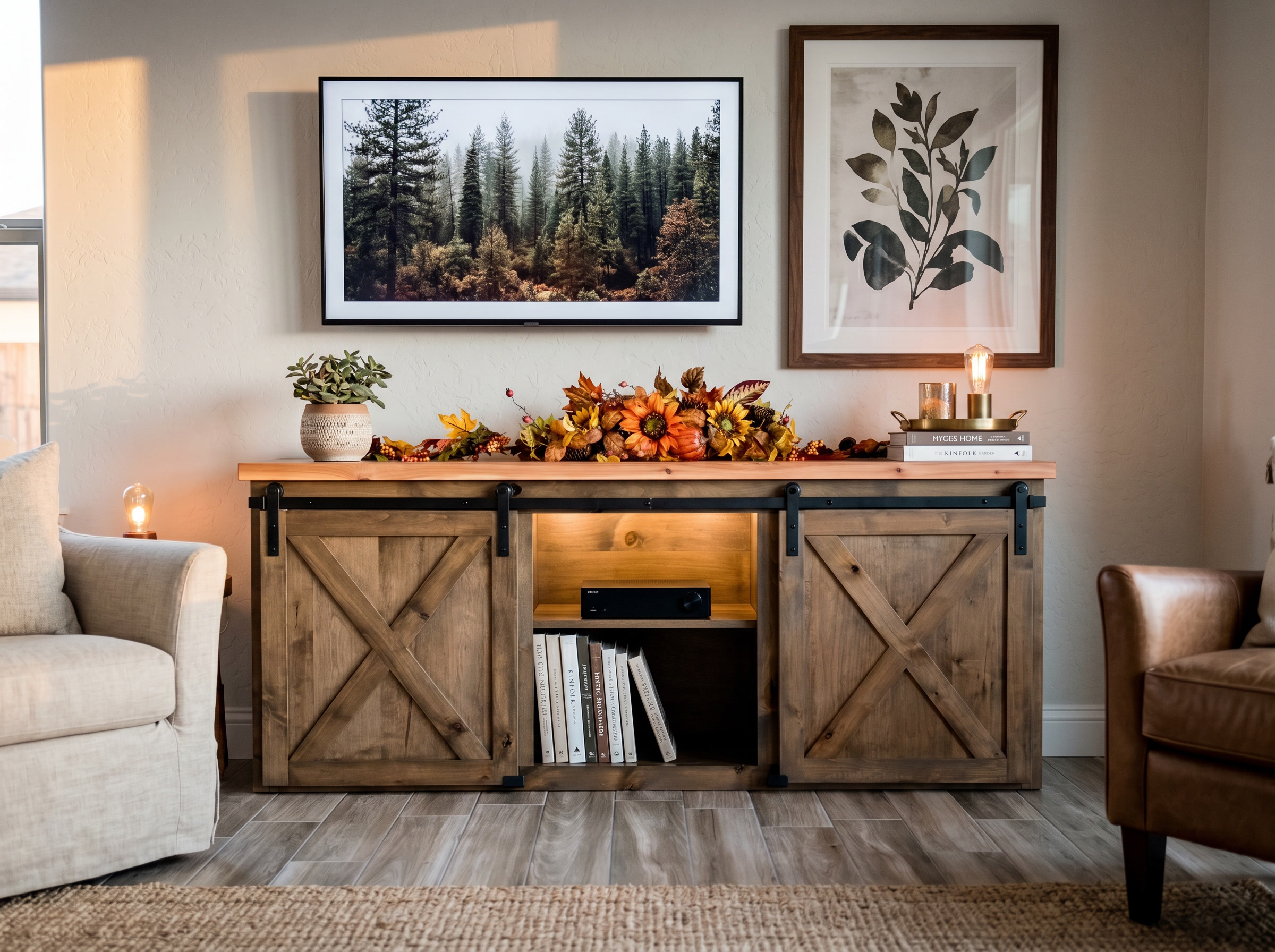 Rustic barn door TV console with X-pattern sliding doors