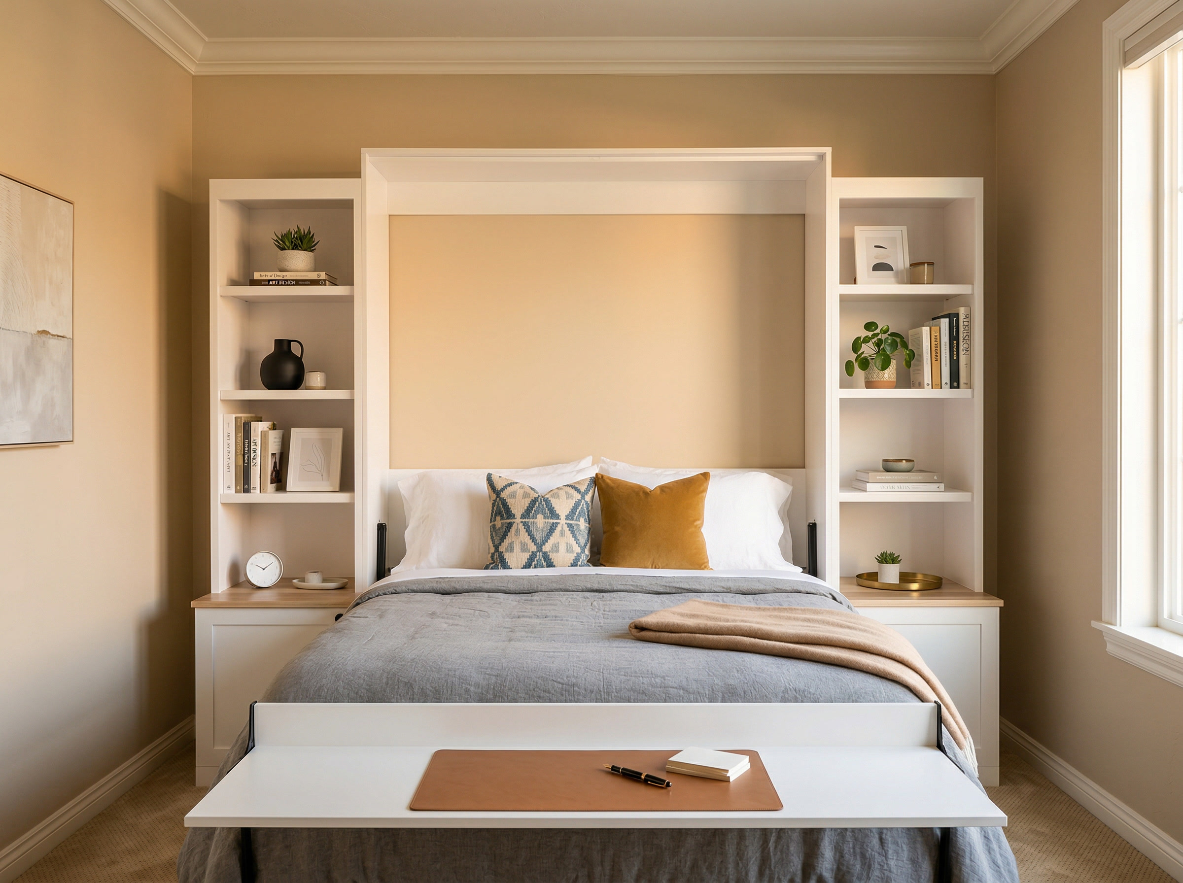White Murphy bed with side shelving and fold-down desk