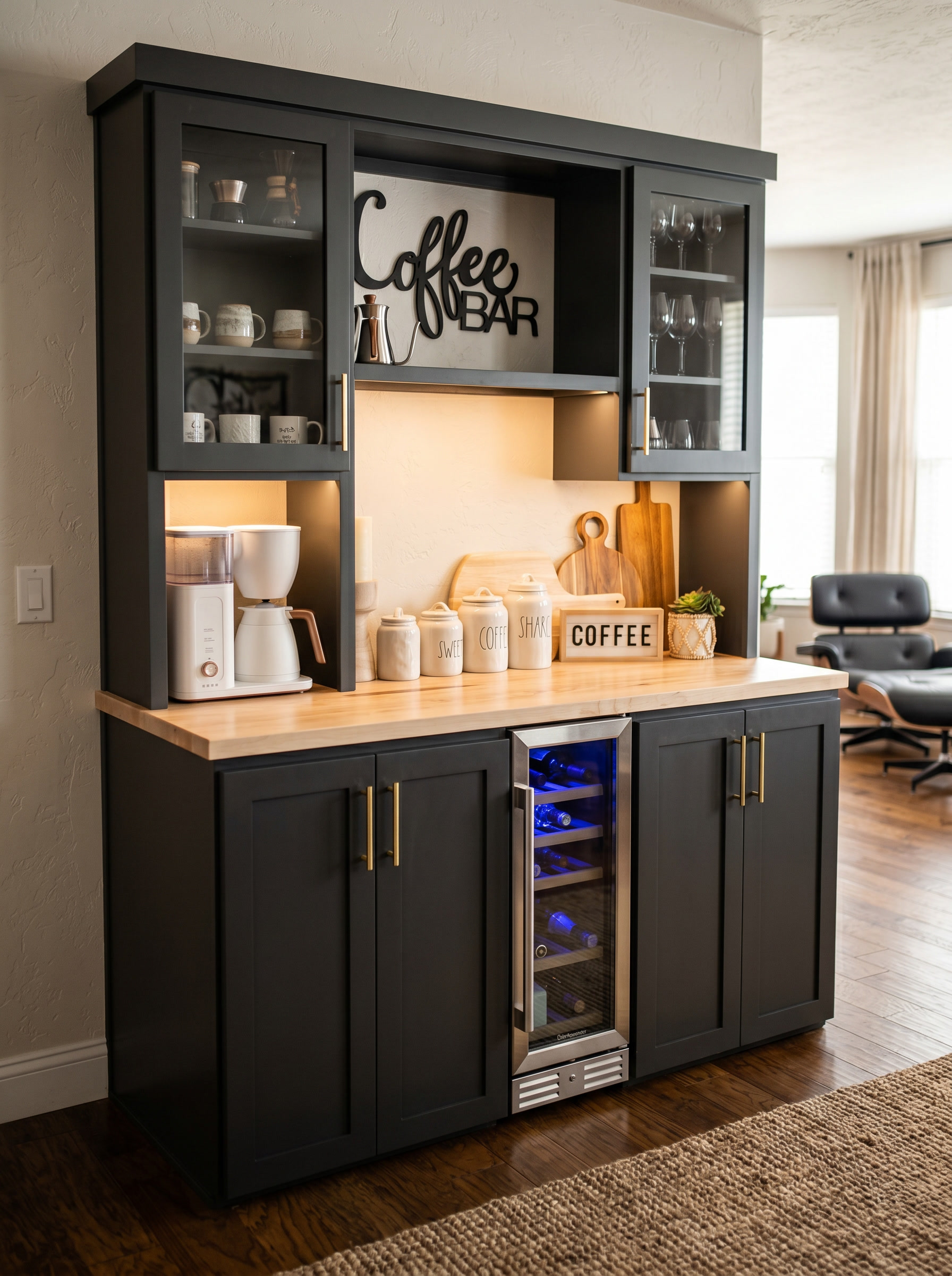 Custom dark charcoal coffee bar cabinet with wine cooler