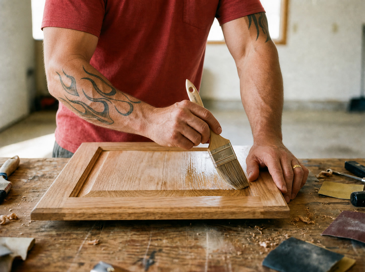 Woodworker carefully applying paint finish to a cabinet door in the workshop