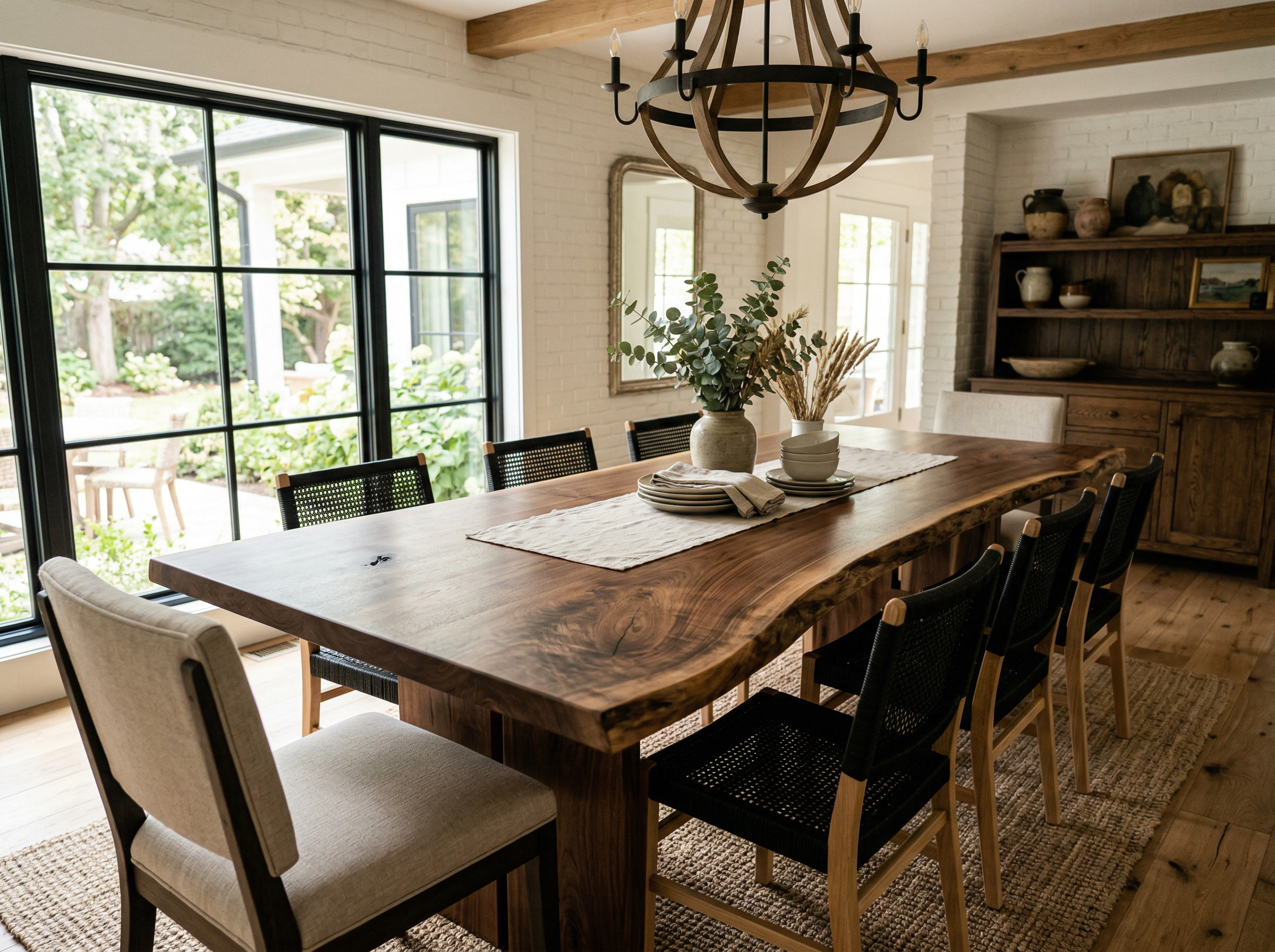 Handcrafted walnut live-edge dining table in a modern farmhouse