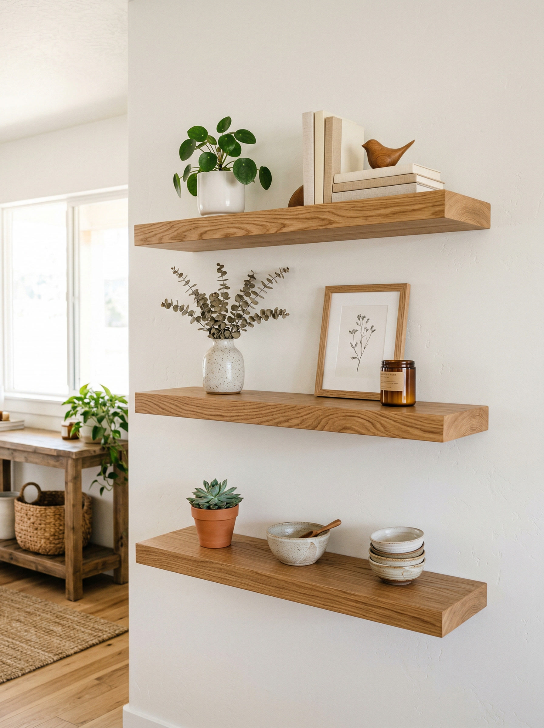 Floating oak shelves