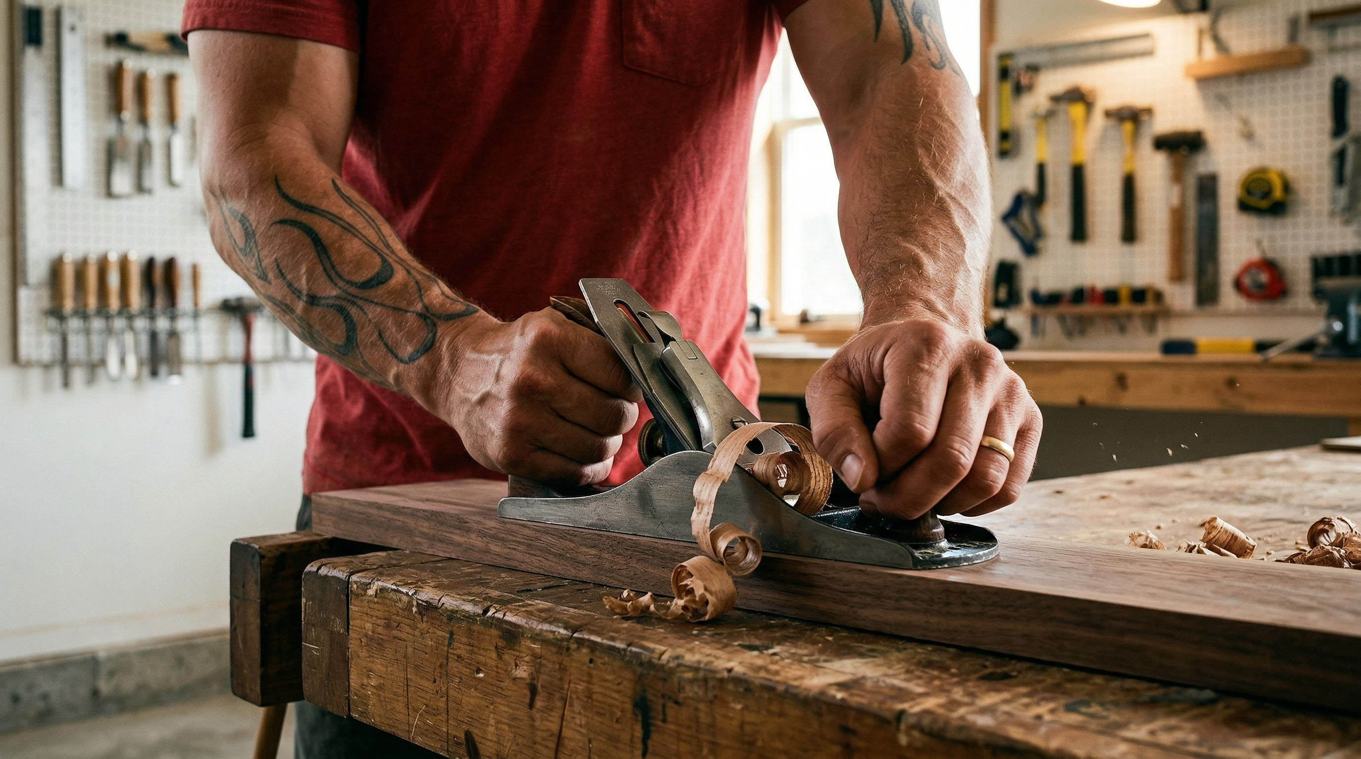 Steven Warden hand-planing a walnut board in his workshop, flame tattoo on forearm, tools on pegboard wall