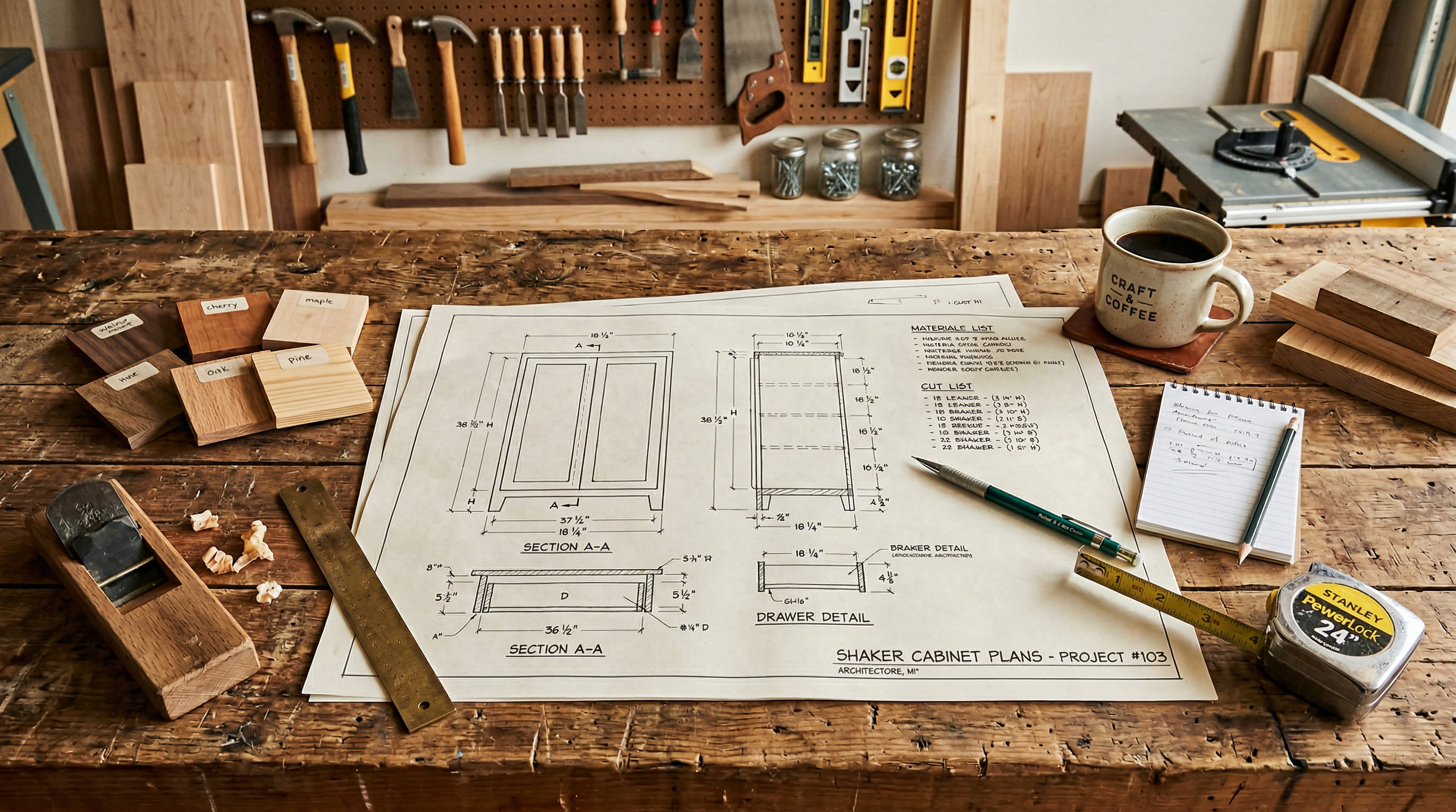 Woodworking blueprint plans on a workbench with tools, wood samples, and coffee
