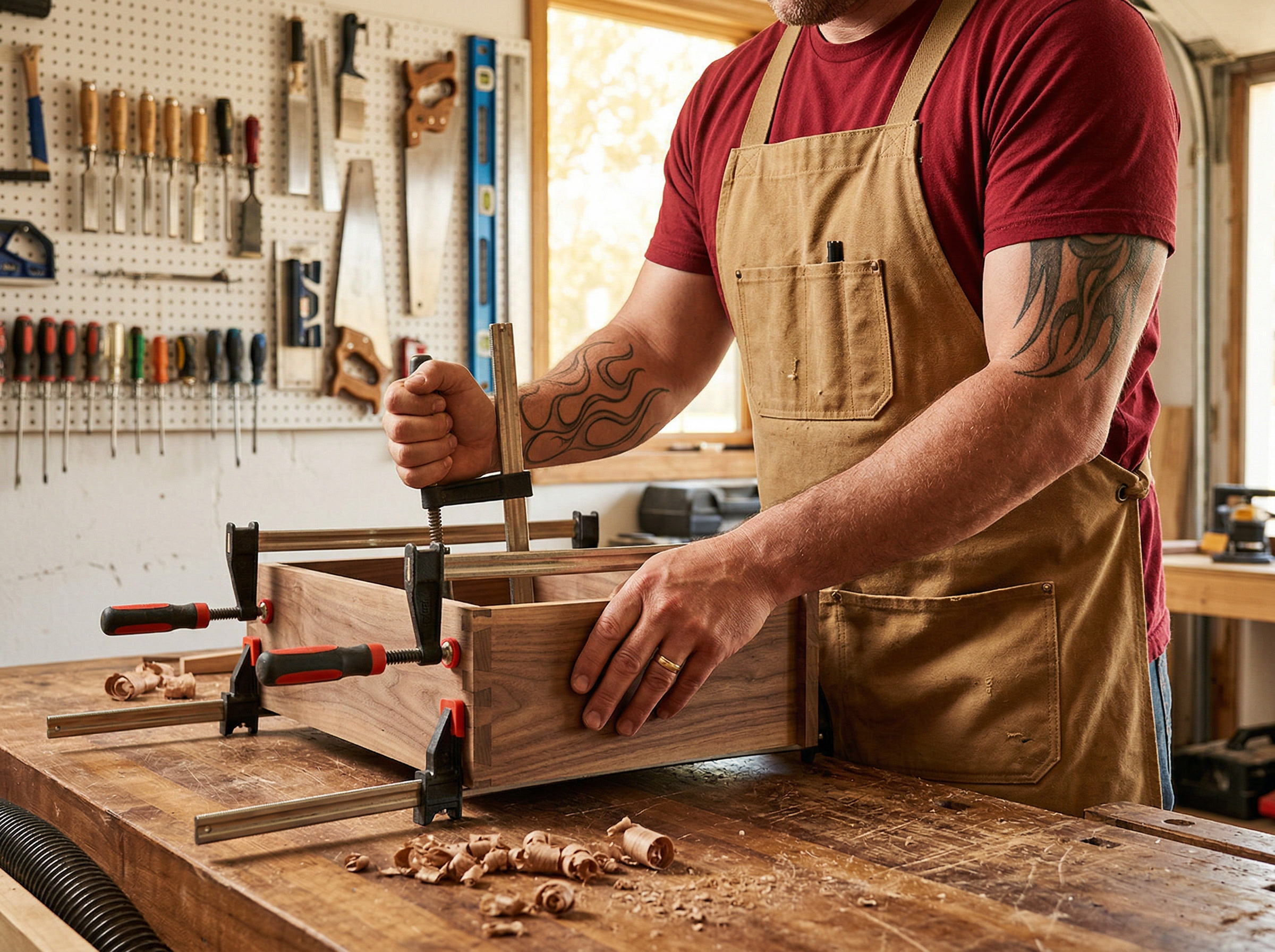 Woodworker with flame tattoo clamping a drawer box on workbench in workshop